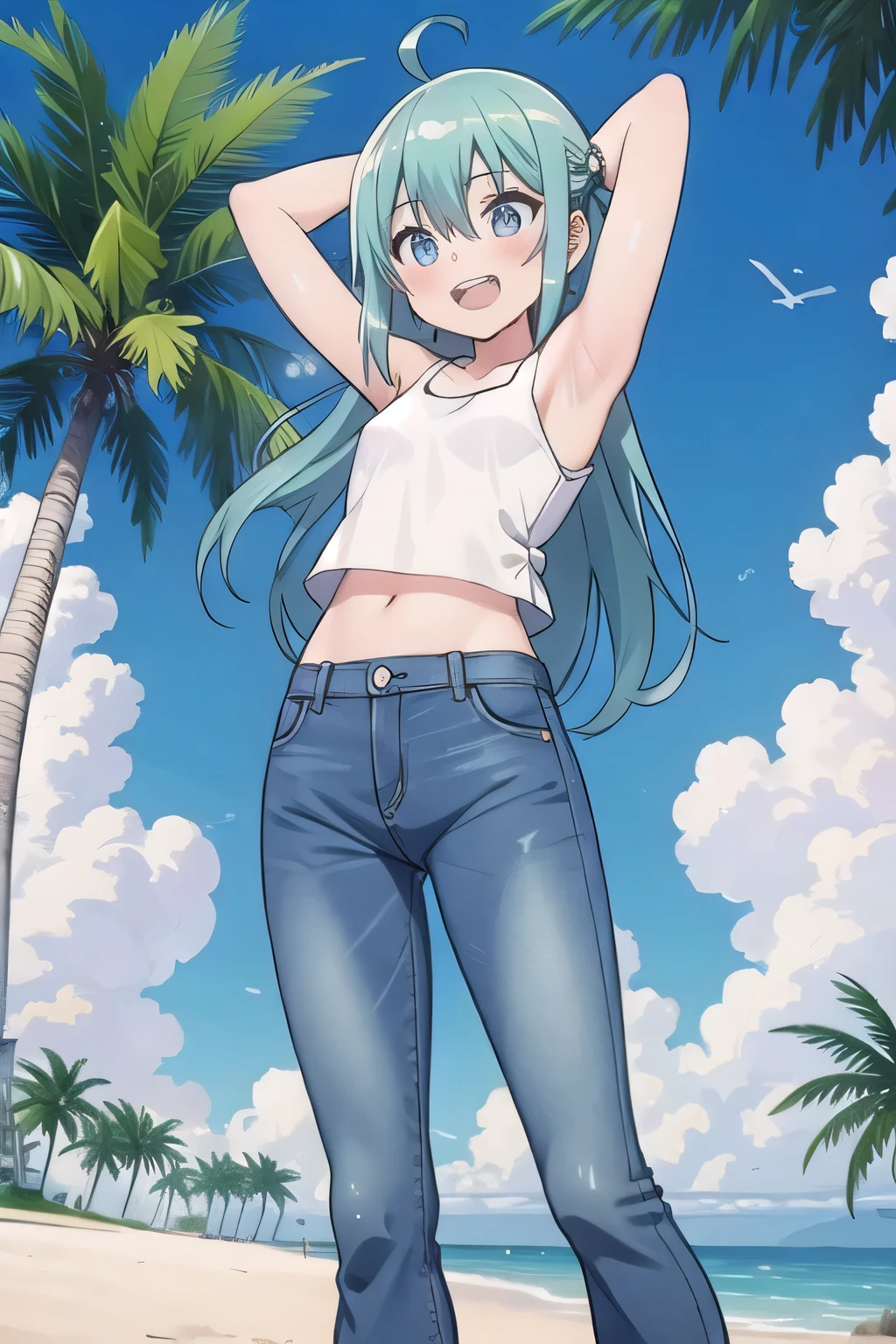masterpiece,best quality,ultra detail, ((Perfect Face, Perfect Arms, Perfect hands, Perfect Fingers)), 1girl, , peti ((round face, ecstasy, orgasm face, drooping eyes, shame smiling, blush)), dropping eyes, sleepy, Open mouth, ((White teeth)), background((under the beach, (day:1.2), palm tree, bright sky)), miku hatsune, ahoge, aqua eyes, aqua hair, crossed bangs, hair between eyes, hair ornament, (long hair:1.4), ((arms behind head, hands behind head, fingers behind head)), ((contrapposto)), spread armpits, looking at viewer,, (white tank top:1.2), (white crop top:1.2), (jeans pants:1.2, flares jeans:1.2, skinny jeans:1.2, blue jeans:1.2), standing, (legs spread:1.4), sex pose, Sweaty crotch, Steam from the crotch, from below, whole body