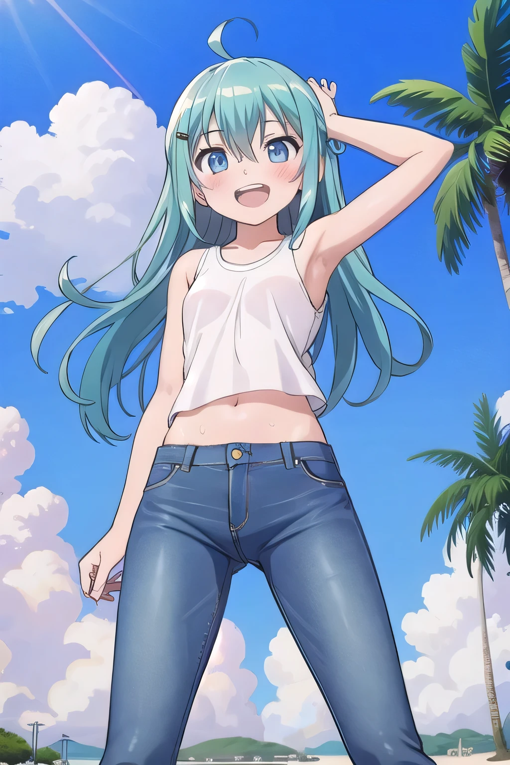 masterpiece,best quality,ultra detail, ((Perfect Face, Perfect Arms, Perfect hands, Perfect Fingers)), 1girl, , peti ((round face, ecstasy, orgasm face, drooping eyes, shame smiling, blush)), dropping eyes, sleepy, Open mouth, ((White teeth)), background((under the beach, (day:1.2), palm tree, bright sky)), miku hatsune, ahoge, aqua eyes, aqua hair, crossed bangs, hair between eyes, hair ornament, (long hair:1.4), ((arms behind head, hands behind head, fingers behind head)), ((contrapposto)), spread armpits, looking at viewer,, (white tank top:1.2), (white crop top:1.2), (jeans pants:1.2, flares jeans:1.2, skinny jeans:1.2, blue jeans:1.2), standing, (legs spread:1.4), sex pose, Sweaty crotch, Steam from the crotch, from below, whole body