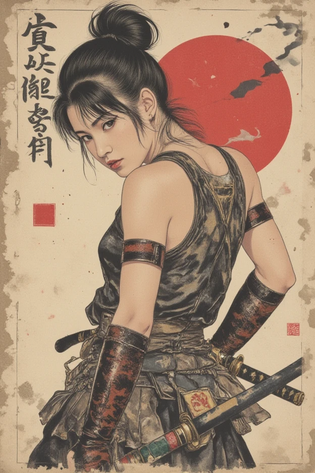 Young Asian samurai girl. He looks down seriously. Side view. The body is effectively curved .Shoulders are thrown back. The arms are loosely lowered along the body. The head is slightly turned towards the viewer. Very dark hair, gathered in a high, careless bun on top of her head. A battered old leather vest with bare arms and shoulders. Leather armbands. Two katanas, one of which is sheathed on his back, and the other is on his belt on the other side.Sepia.The background is an old worn and dirty wall, once painted white. Japanese calligraphy, hieroglyphs. A large stylized red circle resembling a Japanese flag, carelessly painted with a large brush. Streaks and splashes of red paint. The texture of worn wood . Dirty splashes streaked across the entire surface of the background. The overall art style is colorful and slightly rough, like a battered antique poster. The color scheme is muted and dim. The emphasis is on details and a sense of calm power. Ukiyo-e, Samurai-style, ink graphics. Lines of movement, Framed within a frame. masterpiece, super detail, 8k

