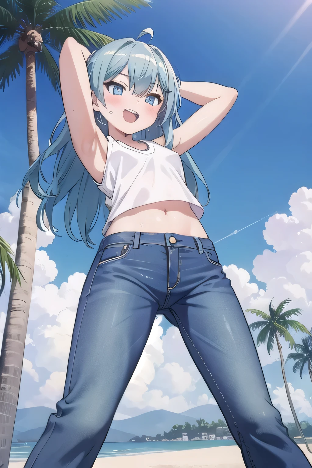 masterpiece,best quality,ultra detail, ((Perfect Face, Perfect Arms, Perfect hands, Perfect Fingers)), 1girl, , peti ((round face, ecstasy, orgasm face, drooping eyes, shame smiling, blush)), dropping eyes, sleepy, Open mouth, ((White teeth)), background((under the beach, (day:1.2), palm tree, bright sky)), miku hatsune, ahoge, aqua eyes, aqua hair, crossed bangs, hair between eyes, hair ornament, (long hair:1.4), ((arms behind head, hands behind head, fingers behind head)), ((contrapposto)), spread armpits, looking at viewer,, (white tank top:1.2), (white crop top:1.2), (jeans pants:1.2, flares jeans:1.2, skinny jeans:1.2, blue jeans:1.2), standing, (legs spread:1.4), sex pose, Sweaty crotch, Steam from the crotch, from below, whole body