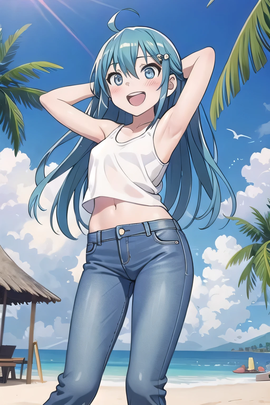 masterpiece,best quality,ultra detail, ((Perfect Face, Perfect Arms, Perfect hands, Perfect Fingers)), 1girl, 14yo, petite, ((round face, ecstasy, orgasm face, drooping eyes, shame smiling, blush)), dropping eyes, sleepy, Open mouth, ((White teeth)), background((under the beach, (day:1.2), palm tree, bright sky)), miku hatsune, ahoge, aqua eyes, aqua hair, crossed bangs, hair between eyes, hair ornament, (long hair:1.4), ((arms behind head, hands behind head, fingers behind head)), ((contrapposto)), spread armpits, looking at viewer,, (white tank top:1.2), (white crop top:1.2), (jeans pants:1.2, flares jeans:1.2, skinny jeans:1.2, blue jeans:1.2), standing, (legs spread:1.4), sex pose, Sweaty crotch, Steam from the crotch, from below, full medium body