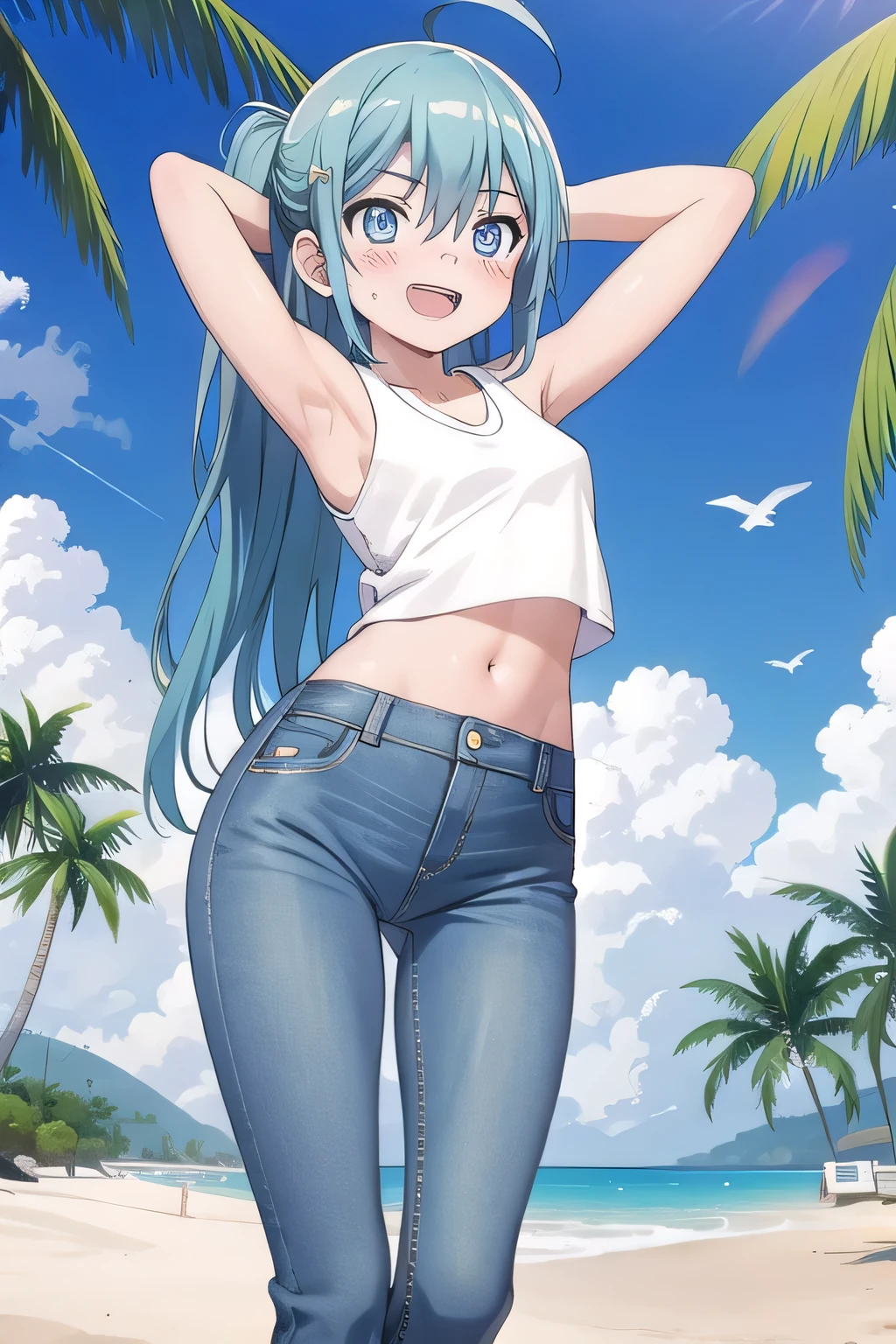 masterpiece,best quality,ultra detail, ((Perfect Face, Perfect Arms, Perfect hands, Perfect Fingers)), 1girl, 14yo, petite, ((round face, ecstasy, orgasm face, drooping eyes, shame smiling, blush)), dropping eyes, sleepy, Open mouth, ((White teeth)), background((under the beach, (day:1.2), palm tree, bright sky)), miku hatsune, ahoge, aqua eyes, aqua hair, crossed bangs, hair between eyes, hair ornament, (long hair:1.4), ((arms behind head, hands behind head, fingers behind head)), ((contrapposto)), spread armpits, looking at viewer,, (white tank top:1.2), (white crop top:1.2), (jeans pants:1.2, flares jeans:1.2, skinny jeans:1.2, blue jeans:1.2), standing, (legs spread:1.4), sex pose, Sweaty crotch, Steam from the crotch, from below, full medium body
