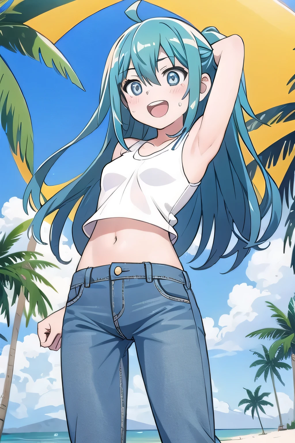 masterpiece,best quality,ultra detail, ((Perfect Face, Perfect Arms, Perfect hands, Perfect Fingers)), 1girl, 14yo, petite, ((round face, ecstasy, orgasm face, drooping eyes, shame smiling, blush)), dropping eyes, sleepy, Open mouth, ((White teeth)), background((under the beach, (day:1.2), palm tree, bright sky)), miku hatsune, ahoge, aqua eyes, aqua hair, crossed bangs, hair between eyes, hair ornament, (long hair:1.4), ((arms behind head, hands behind head, fingers behind head)), ((contrapposto)), spread armpits, looking at viewer,, (white tank top:1.2), (white crop top:1.2), (jeans pants:1.2, flares jeans:1.2, skinny jeans:1.2, blue jeans:1.2), standing, (legs spread:1.4), sex pose, Sweaty crotch, Steam from the crotch, from below, full medium body