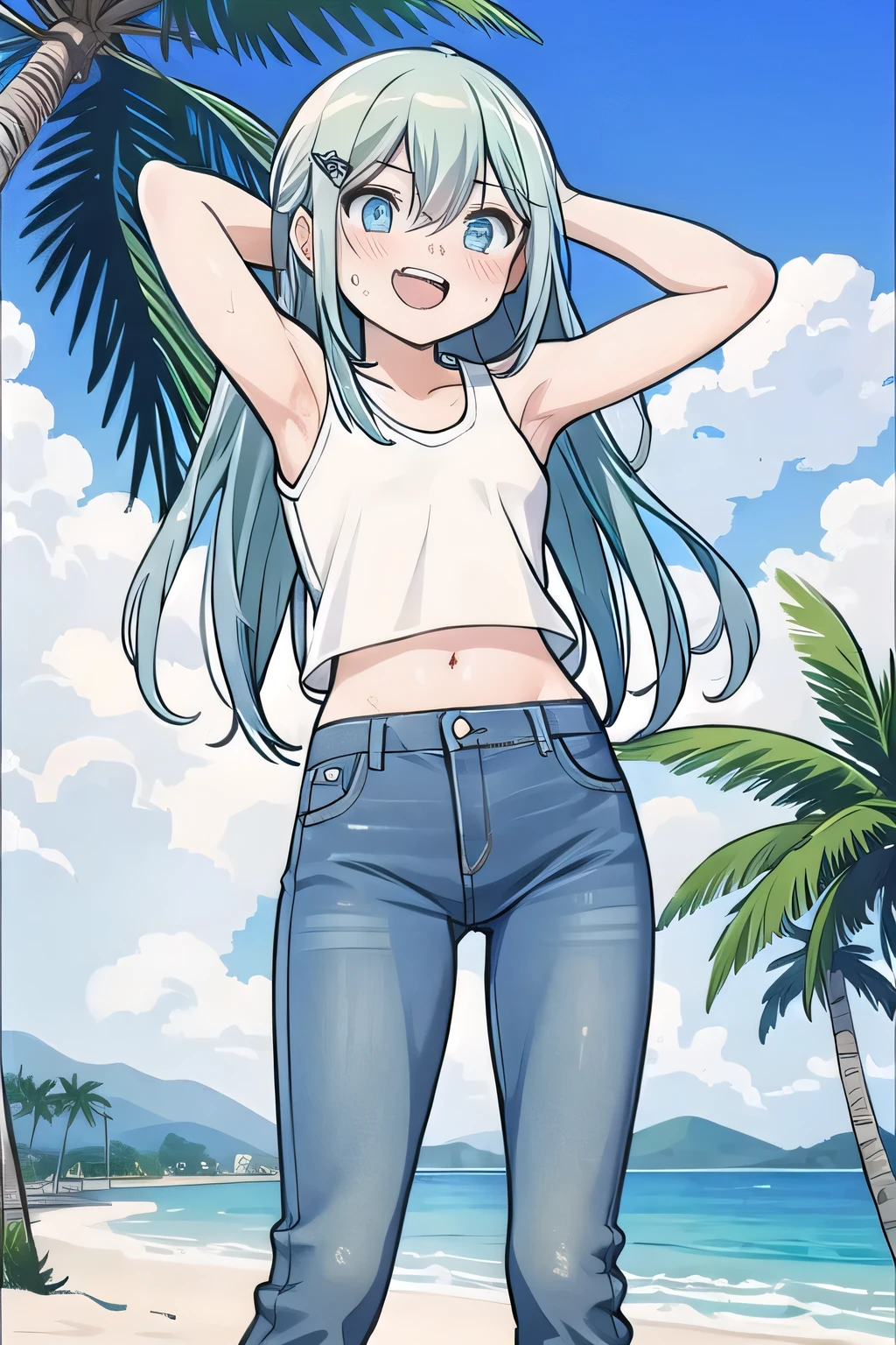 masterpiece,best quality,ultra detail, ((Perfect Face, Perfect Arms, Perfect hands, Perfect Fingers)), 1girl, , peti ((round face, ecstasy, orgasm face, drooping eyes, shame smiling, blush)), dropping eyes, sleepy, Open mouth, ((White teeth)), background((under the beach, (day:1.2), palm tree, bright sky)), miku hatsune, ahoge, aqua eyes, aqua hair, crossed bangs, hair between eyes, hair ornament, (long hair:1.4), ((arms behind head, hands behind head, fingers behind head)), ((contrapposto)), spread armpits, looking at viewer,, (white tank top:1.2), (white crop top:1.2), (jeans pants:1.2, flares jeans:1.2, skinny jeans:1.2, blue jeans:1.2), standing, (legs spread:1.4), sex pose, Sweaty crotch, Steam from the crotch, from below, whole body