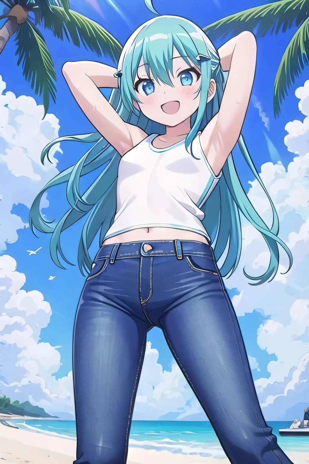 masterpiece,best quality,ultra detail, ((Perfect Face, Perfect Arms, Perfect hands, Perfect Fingers)), 1girl, , peti ((round face, ecstasy, orgasm face, drooping eyes, shame smiling, blush)), dropping eyes, sleepy, Open mouth, ((White teeth)), background((under the beach, (day:1.2), palm tree, bright sky)), miku hatsune, ahoge, aqua eyes, aqua hair, crossed bangs, hair between eyes, hair ornament, (long hair:1.4), ((arms behind head, hands behind head, fingers behind head)), ((contrapposto)), spread armpits, looking at viewer,, (white tank top:1.2), (white crop top:1.2), (jeans pants:1.2, flares jeans:1.2, skinny jeans:1.2, blue jeans:1.2), standing, (legs spread:1.4), sex pose, Sweaty crotch, Steam from the crotch, from below, whole body