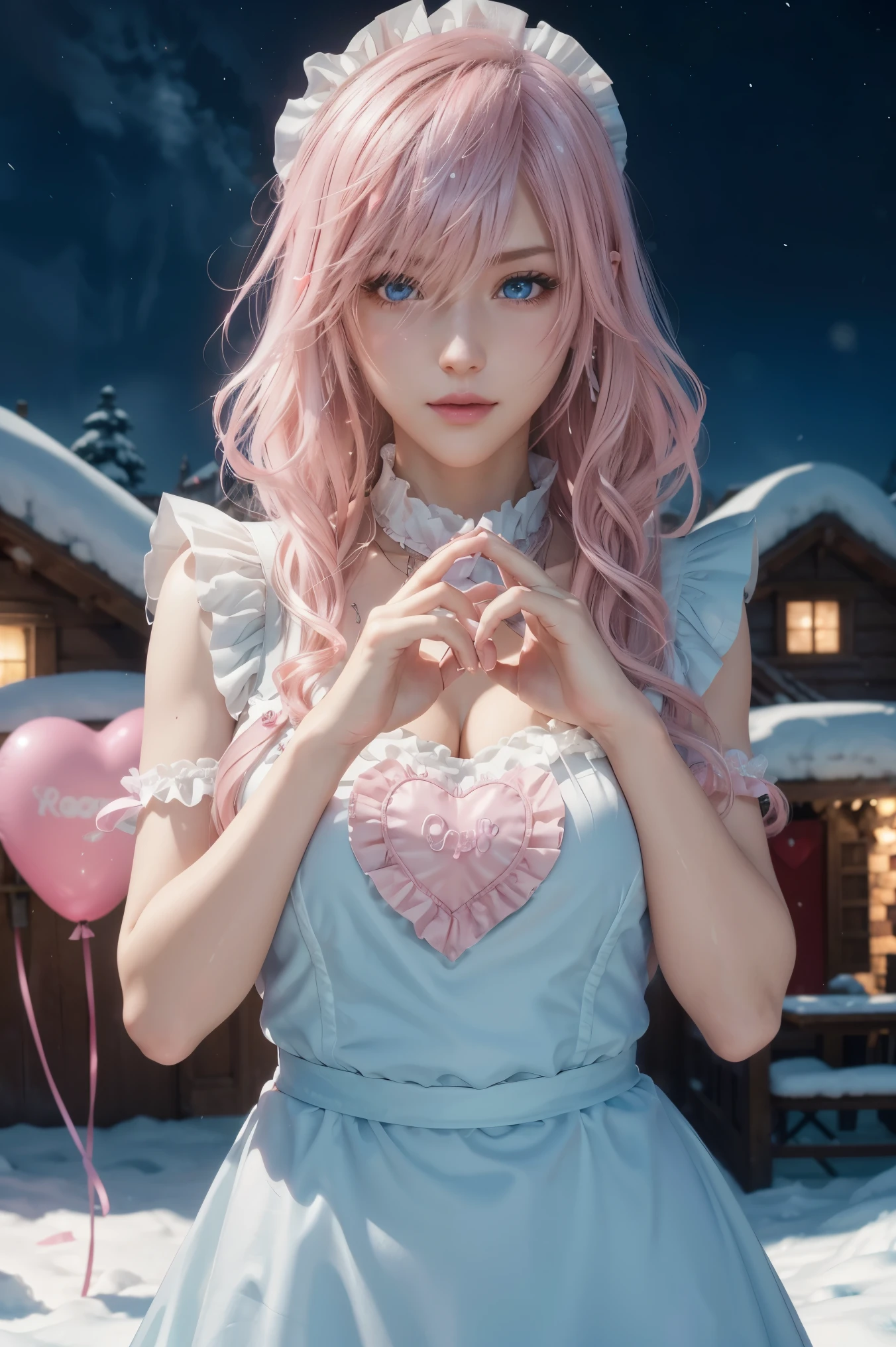 lightning , Final Fantasy,Pink Blonde, MEDIUM HAIR , light perm hair ,Curly hair on one side , lower the bangs, beautiful blue eyes, beautiful and high nose , Super High Definition, Super Quality , Masterpiece,dslr, photorealistic, Detailed Details,Vivid details, Detailed , detailed face, Detailed Details,Super detail , realistic skin texture, colorful candy room , perfect anatomy, Anatomically Correct Hand , Anatomically Correct Fingers, ultra-high resolution energy A , sexy pose,candy white ruffle shirt , pink apron , maid outfit, fantasy candy country , Valentine's Day, Valentine's Day , luxurious candy house , final fantasy ,豪華な Valentine's Day, heart-marked balloons , colorful chocolate , Colorful Macaroons, valentine's gift box, Mysterious Snowy Scenery , fantastic night view ,Fantastic night sky,It's snowing,Picturesque, the whole body,9 heads, pink lips, beautiful curly hair , Luxury Necklaces, highlight a beautiful whole body , high leg thong , smiles,Beautiful neon ,Rain of Hearts,