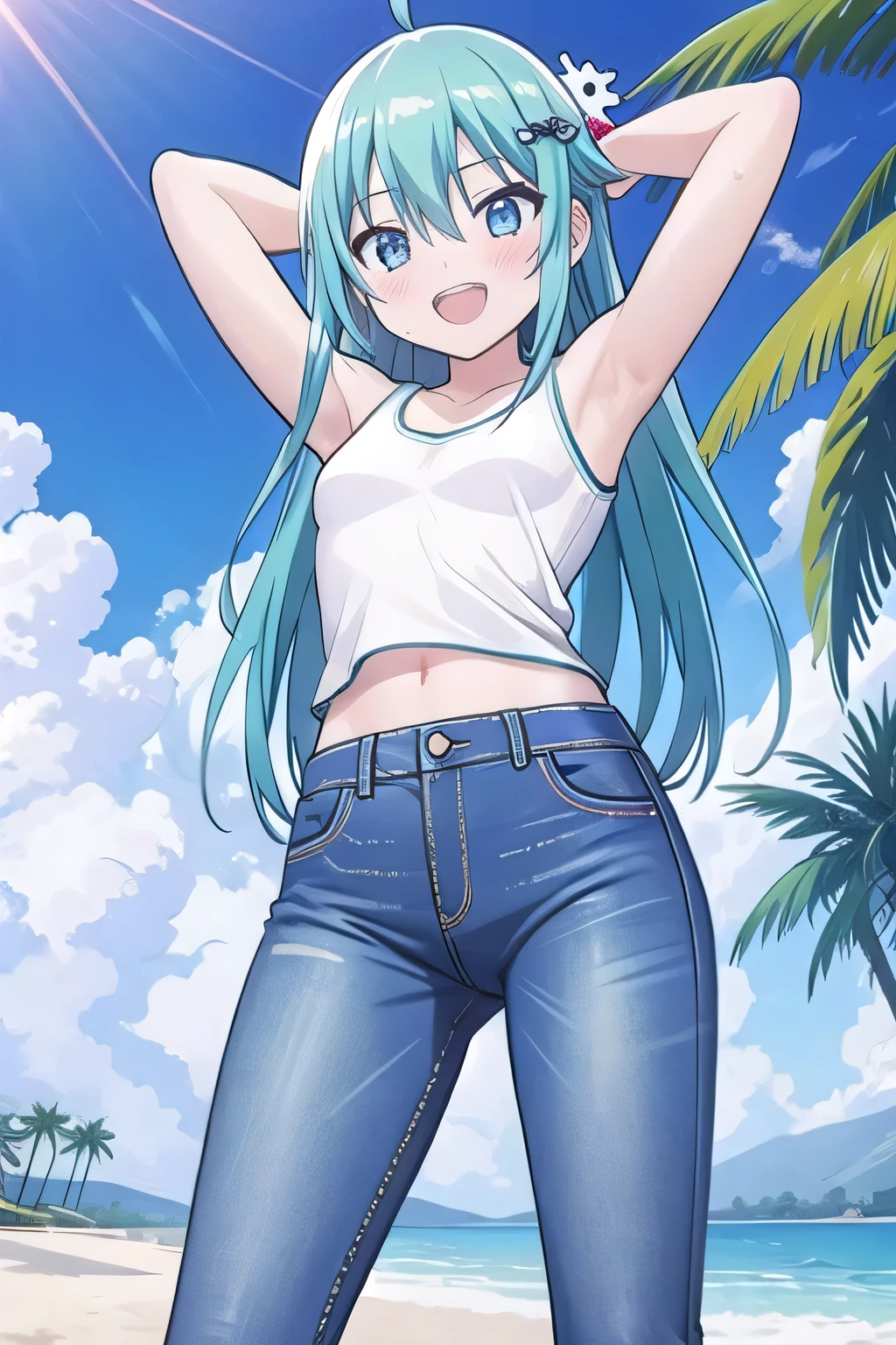 masterpiece,best quality,ultra detail, ((Perfect Face, Perfect Arms, Perfect hands, Perfect Fingers)), 1girl, , petite, ((round face, ecstasy, orgasm face, drooping eyes, shame smiling, blush)), dropping eyes, sleepy, Open mouth, ((White teeth)), background((under the beach, (day:1.2), palm tree, bright sky)), miku hatsune, ahoge, aqua eyes, aqua hair, crossed bangs, hair between eyes, hair ornament, (long hair:1.4), ((arms behind head, hands behind head, fingers behind head)), ((contrapposto)), spread armpits, looking at viewer,, (white tank top:1.2), (white crop top:1.2), (jeans pants:1.2, flares jeans:1.2, skinny jeans:1.2, blue jeans:1.2), standing, (legs spread:1.4), sex pose, Sweaty crotch, Steam from the crotch, from below, whole body