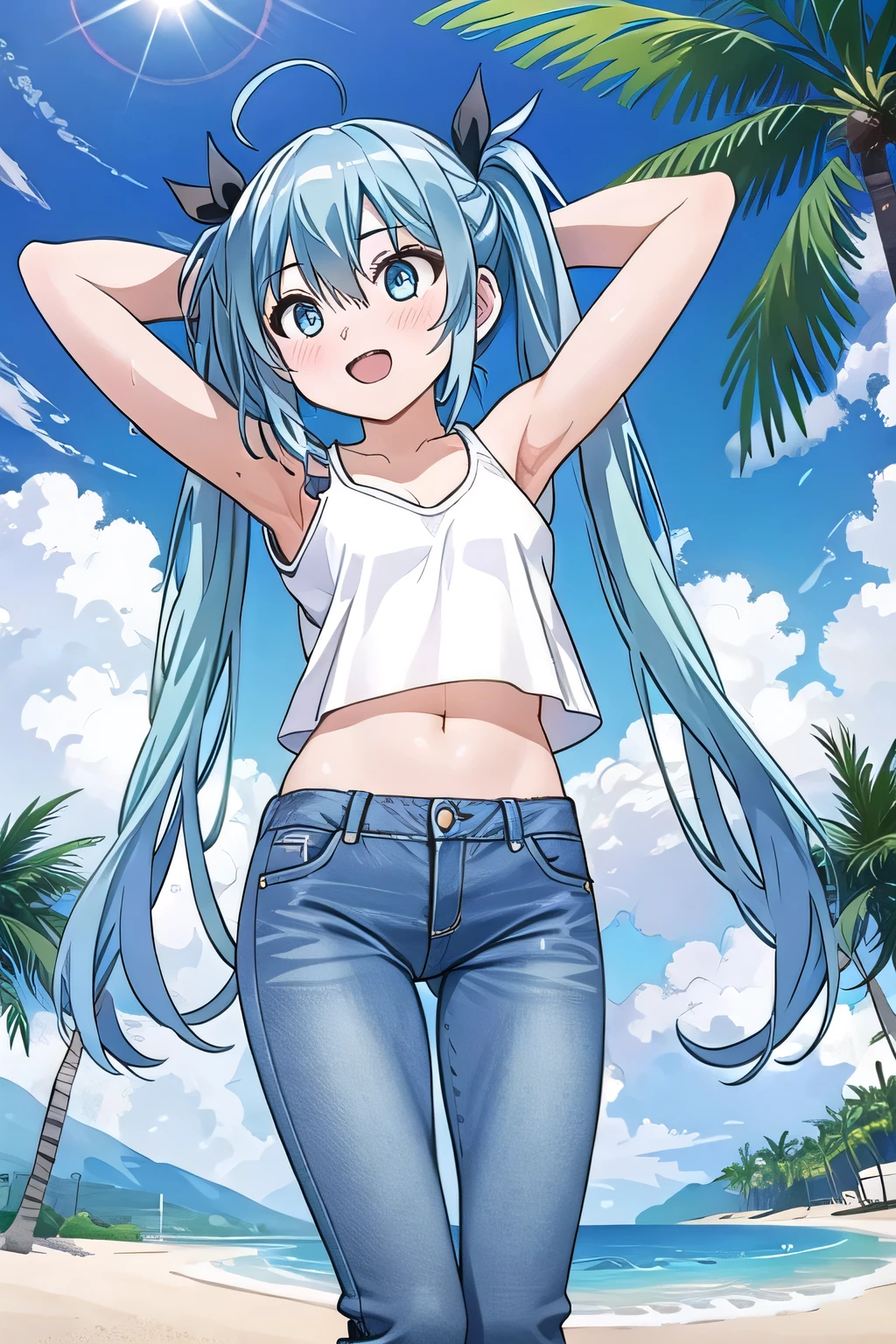 masterpiece,best quality,ultra detail, ((Perfect Face, Perfect Arms, Perfect hands, Perfect Fingers)), 1girl, , peti ((round face, ecstasy, orgasm face, drooping eyes, shame smiling, blush)), dropping eyes, sleepy, Open mouth, ((White teeth)), background((under the beach, (day:1.2), palm tree, bright sky)), miku hatsune, ahoge, aqua eyes, aqua hair, crossed bangs, hair between eyes, hair ornament, (long hair:1.4), ((arms behind head, hands behind head, fingers behind head)), ((contrapposto)), spread armpits, looking at viewer,, (white tank top:1.2), (white crop top:1.2), (jeans pants:1.2, flares jeans:1.2, skinny jeans:1.2, blue jeans:1.2), standing, (legs spread:1.4), sex pose, Sweaty crotch, Steam from the crotch, from below, whole body