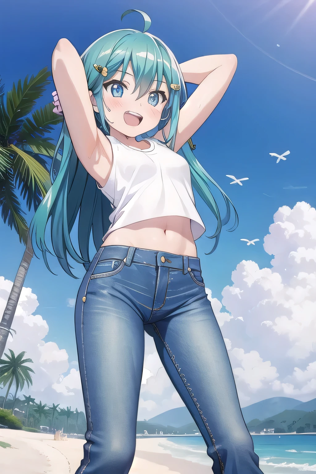masterpiece,best quality,ultra detail, ((Perfect Face, Perfect Arms, Perfect hands, Perfect Fingers)), 1girl, , peti ((round face, ecstasy, orgasm face, drooping eyes, shame smiling, blush)), dropping eyes, sleepy, Open mouth, ((White teeth)), background((under the beach, (day:1.2), palm tree, bright sky)), miku hatsune, ahoge, aqua eyes, aqua hair, crossed bangs, hair between eyes, hair ornament, (long hair:1.4), ((arms behind head, hands behind head, fingers behind head)), ((contrapposto)), spread armpits, looking at viewer,, (white tank top:1.2), (white crop top:1.2), (jeans pants:1.2, flares jeans:1.2, skinny jeans:1.2, blue jeans:1.2), standing, (legs spread:1.4), sex pose, Sweaty crotch, Steam from the crotch, from below, whole body