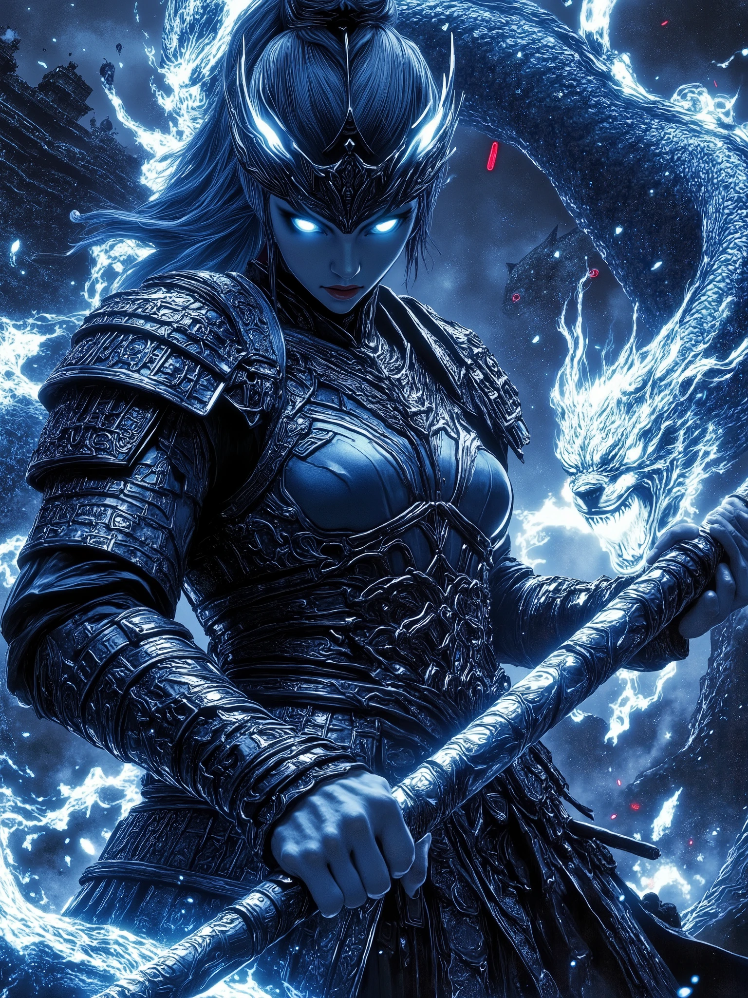 1girl, beautiful detailed eyes, beautiful detailed lips, extremely detailed face and eyes, long flowing blue hair, hair blowing in the wind, commanding an army, realistic Leviathan armor, trident, 3d anime style, sea monster army, best quality, 4k, 8k, highres, masterpiece:1.2, ultra-detailed, realistic, photorealistic, photo-realistic:1.37, HDR, UHD, studio lighting, ultra-fine painting, sharp focus, physically-based rendering, extreme detail description, professional, vivid colors, bokeh