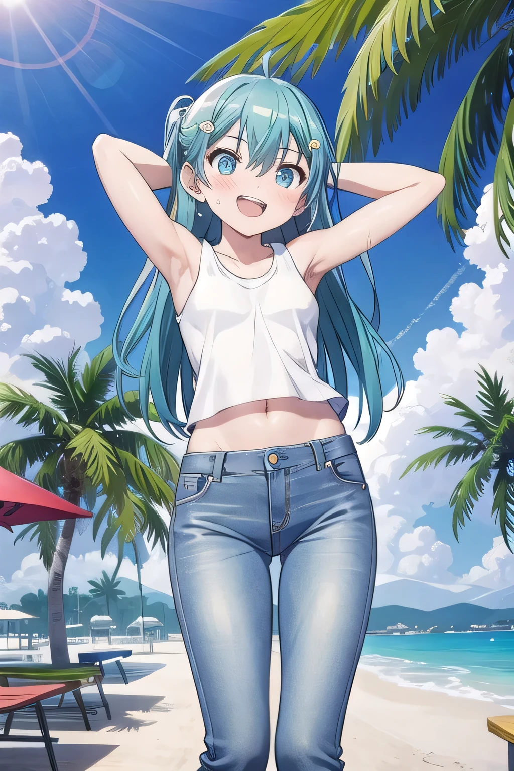 masterpiece,best quality,ultra detail, ((Perfect Face, Perfect Arms, Perfect hands, Perfect Fingers)), 1girl, 14yo, petite, ((round face, ecstasy, orgasm face, drooping eyes, shame smiling, blush)), dropping eyes, sleepy, Open mouth, ((White teeth)), background((under the beach, (day:1.2), palm tree, bright sky)), miku hatsune, ahoge, aqua eyes, aqua hair, crossed bangs, hair between eyes, hair ornament, (long hair:1.4), ((arms behind head, hands behind head, fingers behind head)), ((contrapposto)), spread armpits, looking at viewer,, (white tank top:1.2), (white crop top:1.2), (jeans pants:1.2, flares jeans:1.2, skinny jeans:1.2, blue jeans:1.2), standing, (legs spread:1.4), sex pose, Sweaty crotch, Steam from the crotch, from below, whole body