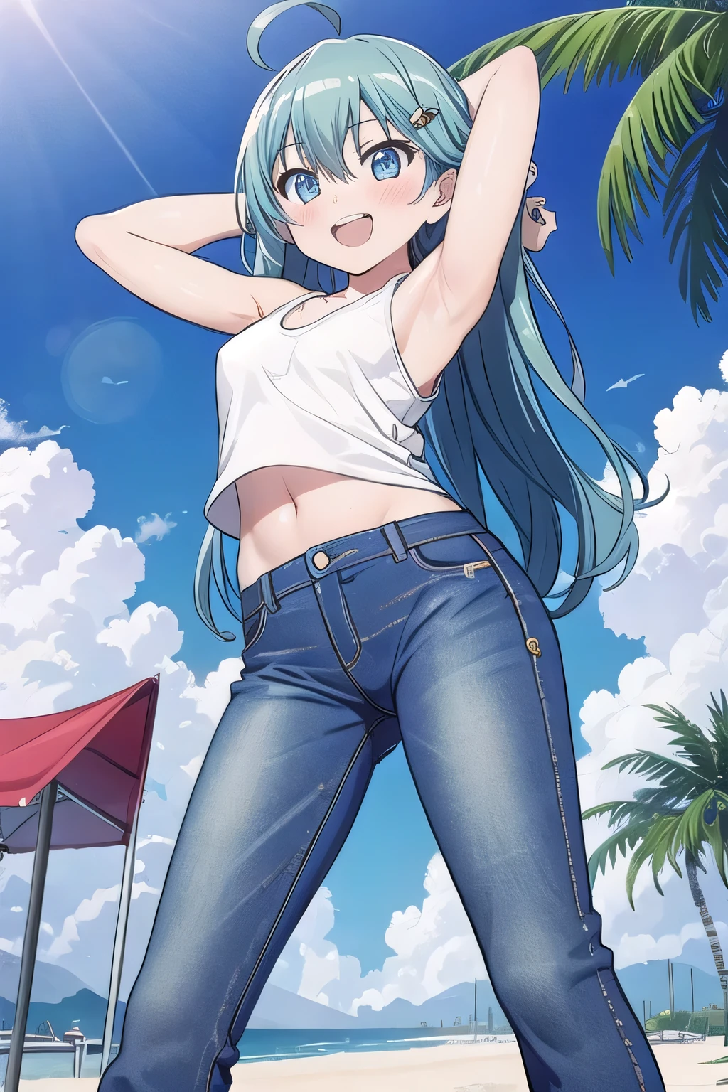 masterpiece,best quality,ultra detail, ((Perfect Face, Perfect Arms, Perfect hands, Perfect Fingers)), 1girl, , peti ((round face, ecstasy, orgasm face, drooping eyes, shame smiling, blush)), dropping eyes, sleepy, Open mouth, ((White teeth)), background((under the beach, (day:1.2), palm tree, bright sky)), miku hatsune, ahoge, aqua eyes, aqua hair, crossed bangs, hair between eyes, hair ornament, (long hair:1.4), ((arms behind head, hands behind head, fingers behind head)), ((contrapposto)), spread armpits, looking at viewer,, (white tank top:1.2), (white crop top:1.2), (jeans pants:1.2, flares jeans:1.2, skinny jeans:1.2, blue jeans:1.2), standing, (legs spread:1.4), sex pose, Sweaty crotch, Steam from the crotch, from below, whole body