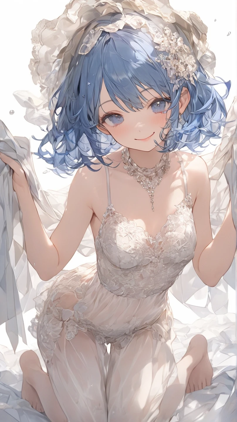 (Highest qualityのイラスト:1.2), (whole body:1.3), ((Simple Background)), ((White background))、(1 girl、、Highest qualityのイラスト:1.2), (1 girl、cute、smile、)、Bright blue hair、Short Bob Hair、(Highest quality、Very detailed、Very detailed and beautiful、Ultra-high resolution) 、Lingerie、
