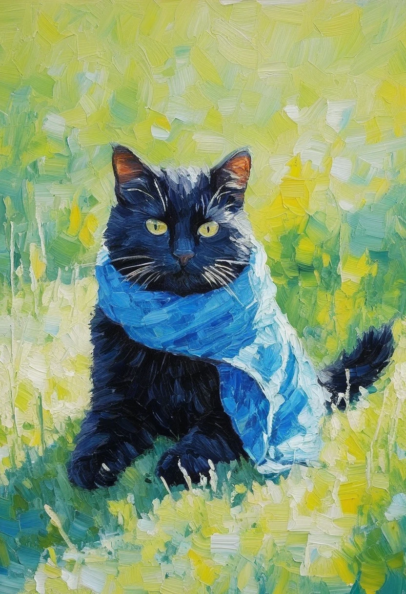 High saturation:the texture of acrylic painting:light and shadow:1.37. Rough brush strokes and textures. Black funny cat, wrapped in a blue scarf, biting the scarf, fangs visible, sitting in the grass. Art with acrylic paints in the style of the artist catwheezie.