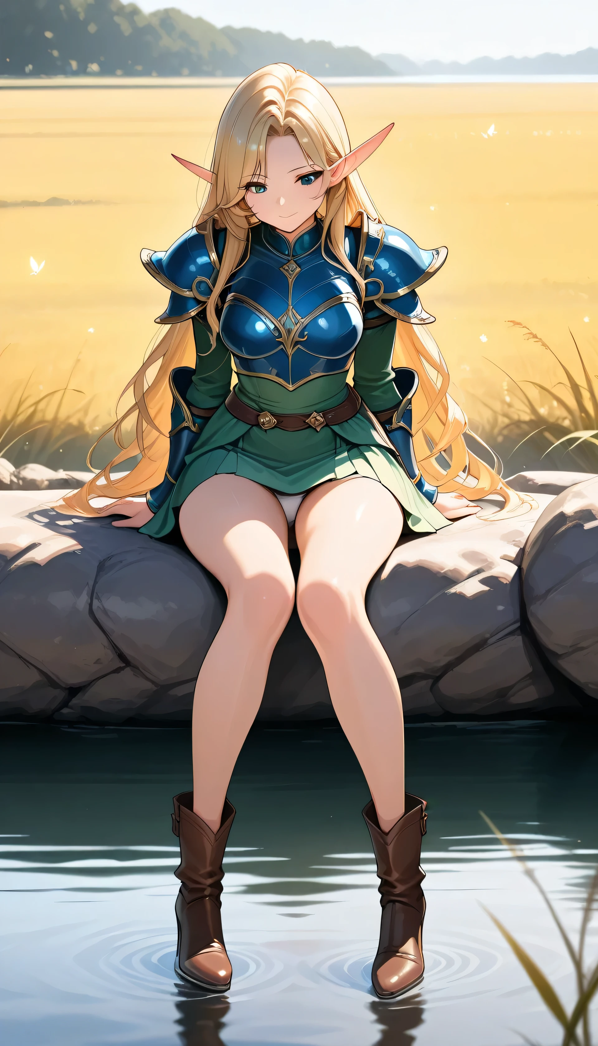 Anime girl sitting on a rock in a lake with a sword - SeaArt AI