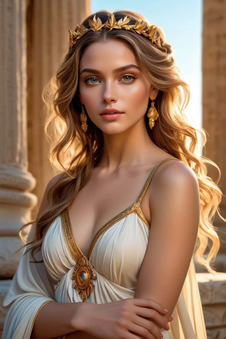 (best quality,4k,8k,highres,masterpiece:1.2), ultra-detailed, (realistic,photorealistic,photo-realistic:1.37), portraits, HDR, Greek mythology, beautiful goddess Venus portrait, perfect DNA, detailed eyes, detailed lips, stunning beauty, flowing golden hair, nude, perfect body, perfect nude, graceful pose, enchanting gaze, vibrant colors, soft lighting.(NSFW:1.4) ancient Greek deity, gazes directly into the camera's lens, flowing hair cascades over her shoulders, off-the-shoulder attire accentuating her grace, vivid colors, ancient temples and marble columns softly blurred in background, late afternoon Mediterranean light casting a warm glow on her porcelain skin, high-resolution image, digital painting, spiritual serenity, golden ratio composition.