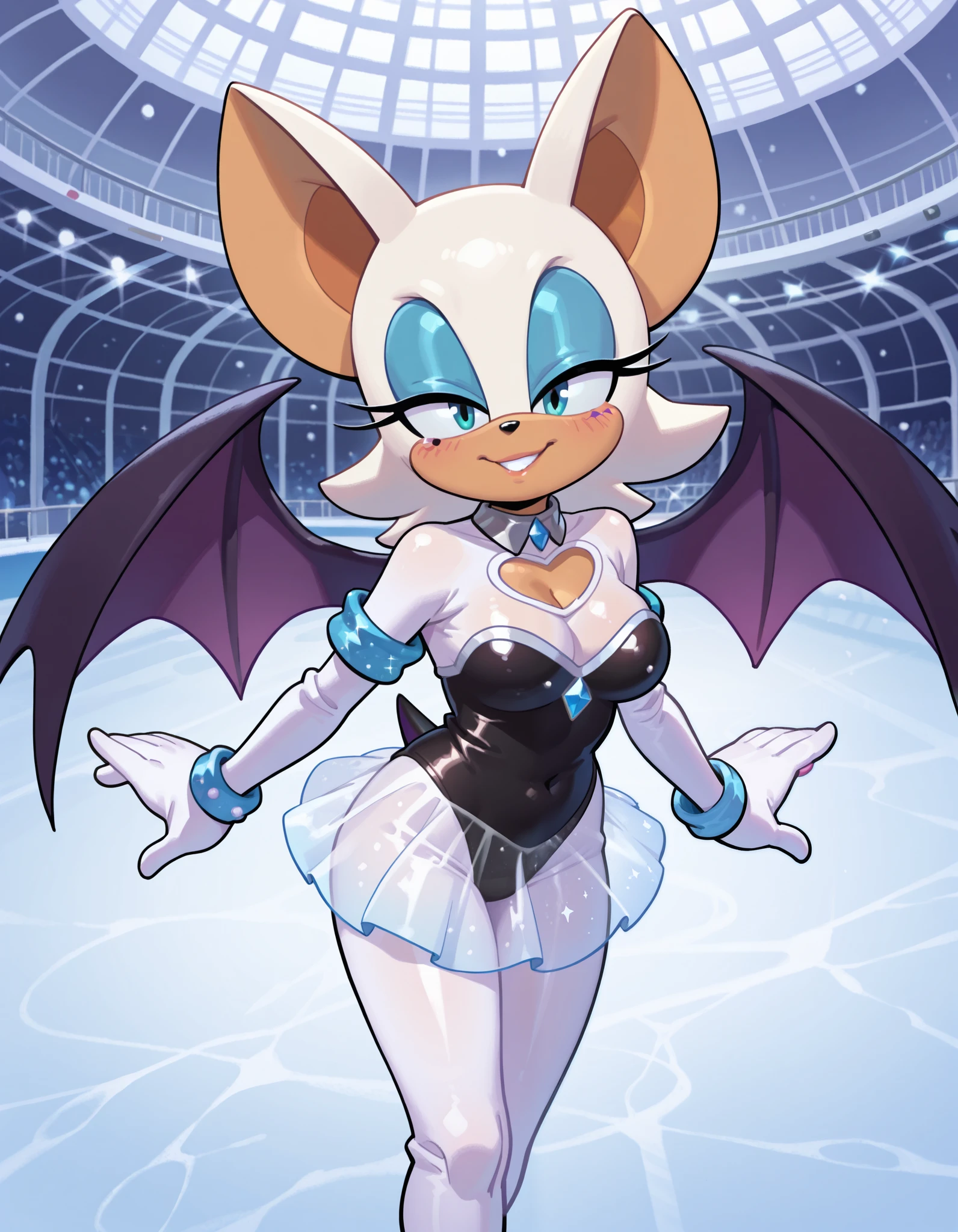 masterpiece, best quality, amazing quality, very aesthetic, absurdres, source furry, ((Rouge the bat)), ((short body)), half closed eyes, cyan eyes, blue eye makeup, glitter eye makeup, ice skater outfit, white bodysuit, white sleeves, black leotard, glittery leotard, glittery costume, black see through skirt, medium breasts, indoors, ice skating hall, ice skating