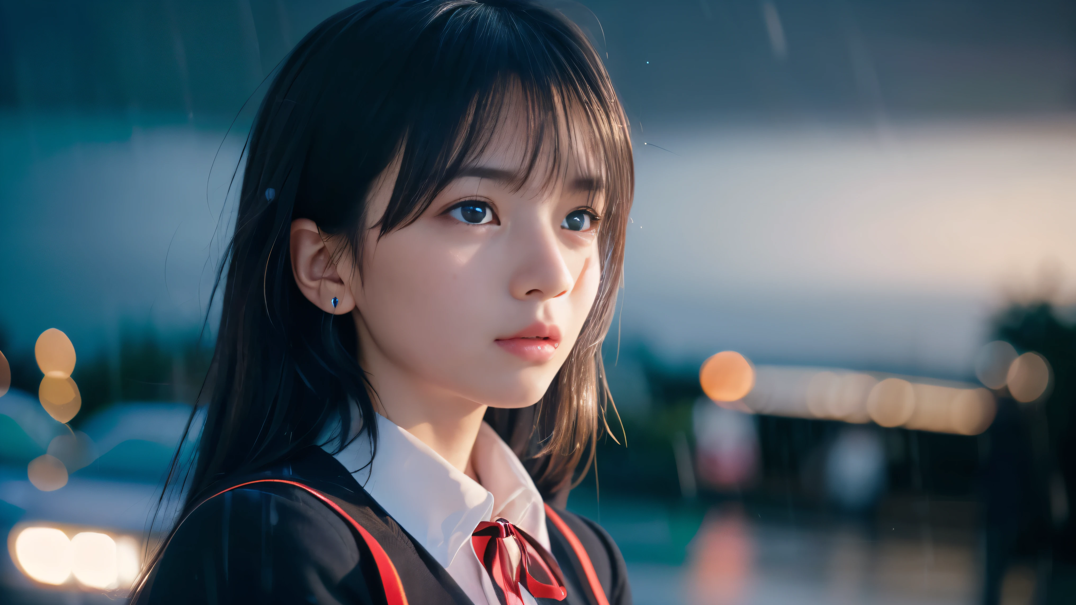(Close up face shot of one slender small breasts two side up black medium hair bangs girl in long sleeves black school uniform:1.5)、(One girl is looking up the sky with crying face in the heavy rain midnight:1.5)、(Many car head lights are visible at skyscraper city landscape in midnight:1.5)、(8k ultra detailed master piece:1.5)、(Natural lighting:1.5)、(perfect anatomy:1.5)、(Photorealistic stick:1.5)、(Raw photo:1.3)、(highest quality:1.5)、(High resolution:1.3)、(Delicate and beautiful perfect face:1.3)、(Delicate and beautiful eye air skin:1.3)、(Real Human Skin:1.3)、((thin legs))