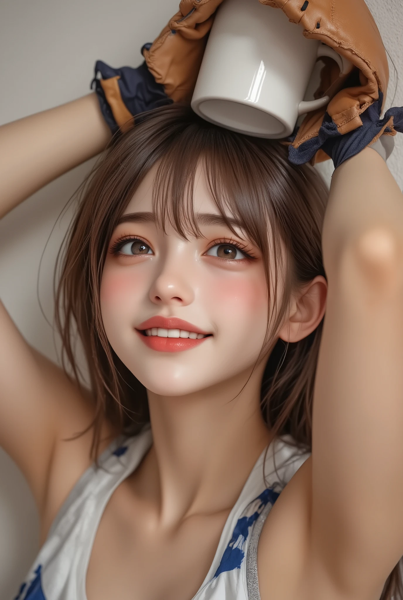 photorealistic,1girl\(smily,Looking up,upper body,cheerleaders outfit\(Baseball glove on left hand, hands up,arms raised in air),stunding\),she puts the mug over her head, the covered mug,her side shot,((extreme close up under arms)),masterpiece, best quality 