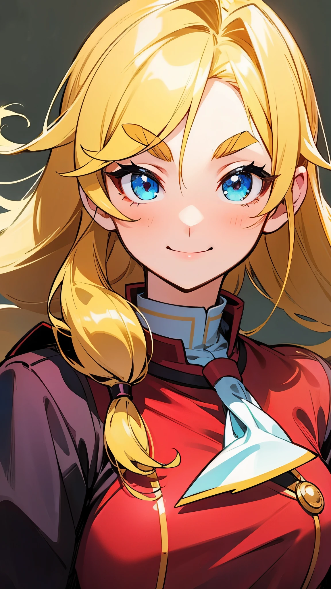 one girl 、solo、 Gold、 long hair、Vertical roll hairstyle 、 blue eyes、 thick eyebrows、smile、 red dress style school uniform、 upper body close-up 、 simple background