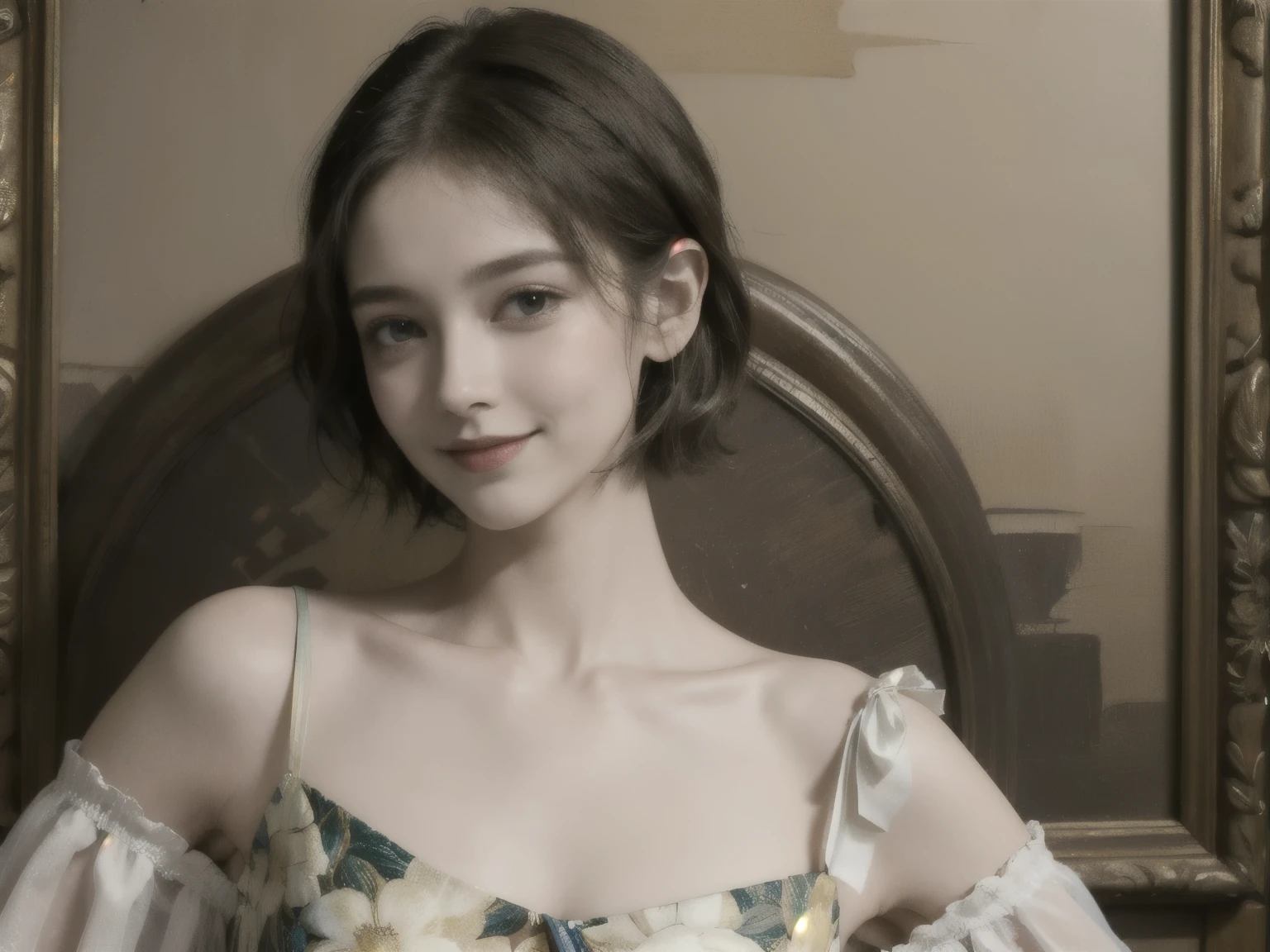 358 (20-year-old woman),( short hair), ( High Definition Photos ), (smile), (colorful floral dress), (Leonardo da Vinci paintings)
