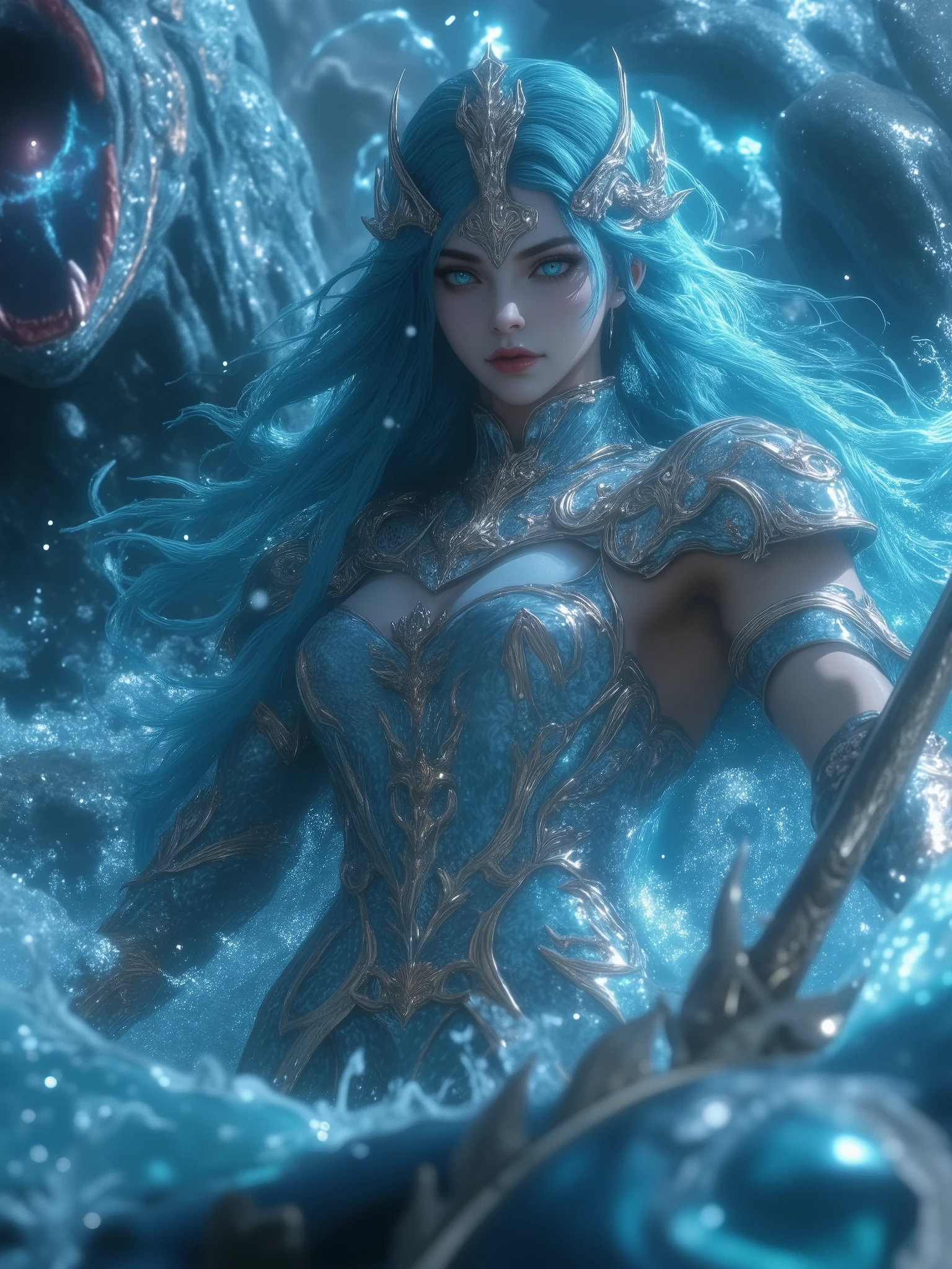 1girl, beautiful detailed eyes, beautiful detailed lips, extremely detailed face and eyes, long flowing blue hair, hair blowing in the wind, commanding an army, realistic Leviathan armor, trident, 3d anime style, sea monster army, best quality, 4k, 8k, highres, masterpiece:1.2, ultra-detailed, realistic, photorealistic, photo-realistic:1.37, HDR, UHD, studio lighting, ultra-fine painting, sharp focus, physically-based rendering, extreme detail description, professional, vivid colors, bokeh