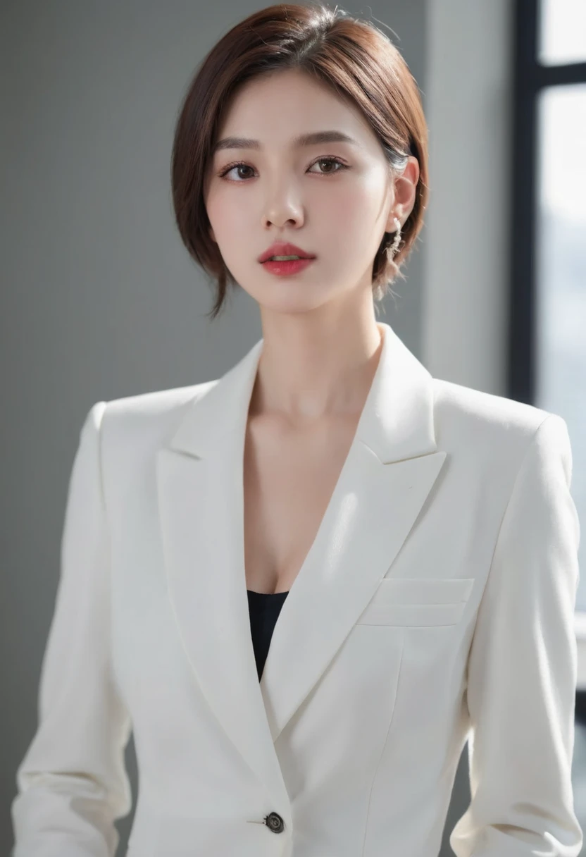 realistic light,natural light,white background,최고 quality、8 thousand、32,000、masterpiece、uhd:1.2) quality, primitive photorealism, Urban, Feminine, hair portfolio, laugh, Beautiful girl, cute, Short hair, depth of field, high resolution, ultra detail, Highly detailed eyes and face,small eyes,Short hair,short cut,short hair,Ivory Jacket, bob cut, Short hair perm, Short hair perm