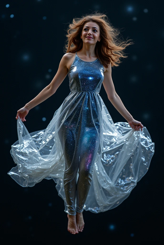 A stunning photorealistic masterpiece in Ultra High Definition (UHD) depicting a striking European woman in white futuristic armor, with her face shielded by a shiny glass protective covering. She is draped in flowing white cotton straps, accentuating her figure. The scene is set in a futuristic, aseptic environment with long strips of fabric billowing in the wind, adding a sense of movement. The woman wears a long, loose dress with a dramatic slit, illuminated by ambient blue light hues