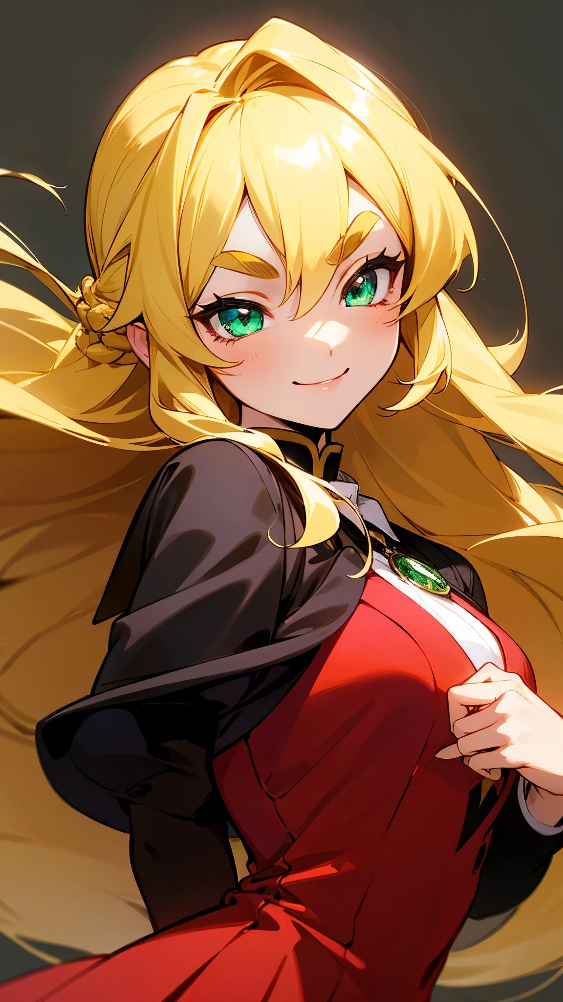 one girl 、solo、 Gold、 long hair、Vertical roll hairstyle 、 emerald eyes、 thick eyebrows、smile、 red dress style school uniform、 upper body close-up 、 simple background