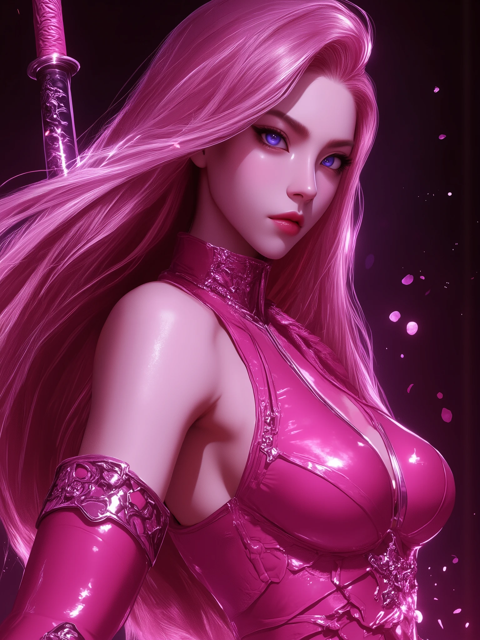 Image is a high-resolution, stylized portrait of a woman with long, flowing pink hair. She is wearing a shiny, form-fitting pink outfit that includes a sleeveless top with a high collar and a front zipper, long gloves, and thigh-high boots. The outfit has a glossy, latex-like texture. She has fair skin and striking blue eyes, with a focused and intense expression on her face. A sword with a pink hilt is strapped to her back, adding a warrior-like element to her appearance. The background is dark and blurred, drawing attention to the subject.action pose, fighter pose, floating sakura,