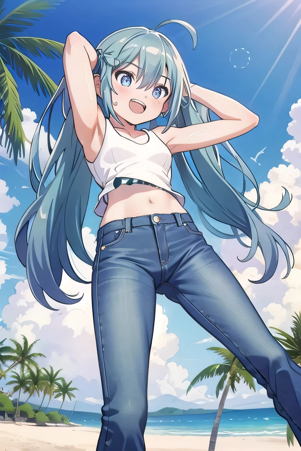 masterpiece,best quality,ultra detail, ((Perfect Face, Perfect Arms, Perfect hands, Perfect Fingers)), 1girl, , peti ((round face, ecstasy, orgasm face, drooping eyes, shame smiling, blush)), dropping eyes, sleepy, Open mouth, ((White teeth)), background((under the beach, (day:1.2), palm tree, bright sky)), miku hatsune, ahoge, aqua eyes, aqua hair, crossed bangs, hair between eyes, hair ornament, (long hair:1.4), ((arms behind head, hands behind head, fingers behind head)), ((contrapposto)), spread armpits, looking at viewer,, (white tank top:1.2), (white crop top:1.2), (jeans pants:1.2, flares jeans:1.2, skinny jeans:1.2, blue jeans:1.2), standing, (legs spread:1.4), sex pose, Sweaty crotch, Steam from the crotch, from below, whole body