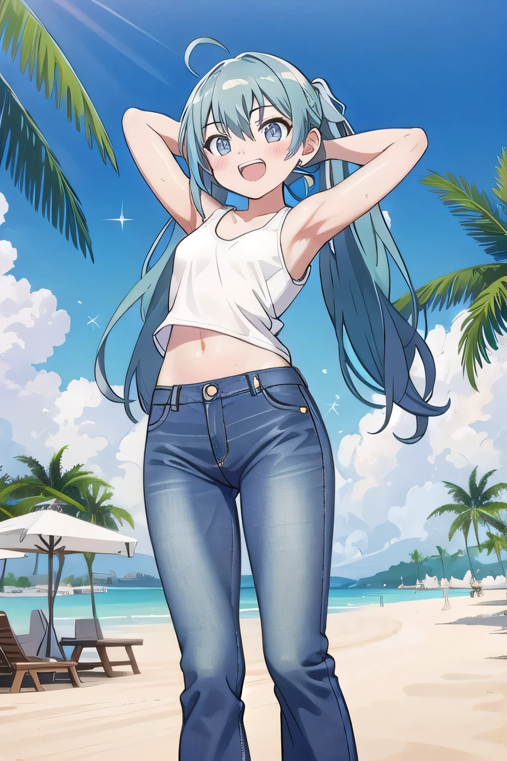 masterpiece,best quality,ultra detail, ((Perfect Face, Perfect Arms, Perfect hands, Perfect Fingers)), 1girl, , peti ((round face, ecstasy, orgasm face, drooping eyes, shame smiling, blush)), dropping eyes, sleepy, Open mouth, ((White teeth)), background((under the beach, (day:1.2), palm tree, bright sky)), miku hatsune, ahoge, aqua eyes, aqua hair, crossed bangs, hair between eyes, hair ornament, (long hair:1.4), ((arms behind head, hands behind head, fingers behind head)), ((contrapposto)), spread armpits, looking at viewer,, (white tank top:1.2), (white crop top:1.2), (jeans pants:1.2, flares jeans:1.2, skinny jeans:1.2, blue jeans:1.2), standing, (legs spread:1.4), sex pose, Sweaty crotch, Steam from the crotch, from below, whole body