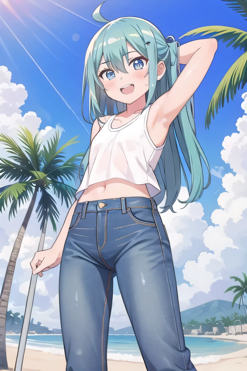 masterpiece,best quality,ultra detail, ((Perfect Face, Perfect Arms, Perfect hands, Perfect Fingers)), 1girl, , peti ((round face, ecstasy, orgasm face, drooping eyes, shame smiling, blush)), dropping eyes, sleepy, Open mouth, ((White teeth)), background((under the beach, (day:1.2), palm tree, bright sky)), miku hatsune, ahoge, aqua eyes, aqua hair, crossed bangs, hair between eyes, hair ornament, (long hair:1.4), ((arms behind head, hands behind head, fingers behind head)), ((contrapposto)), spread armpits, looking at viewer,, (white tank top:1.2), (white crop top:1.2), (jeans pants:1.2, flares jeans:1.2, skinny jeans:1.2, blue jeans:1.2), standing, (legs spread:1.4), sex pose, Sweaty crotch, Steam from the crotch, from below, whole body