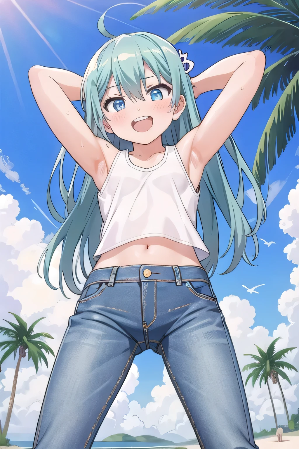 masterpiece,best quality,ultra detail, ((Perfect Face, Perfect Arms, Perfect hands, Perfect Fingers)), 1girl, , peti ((round face, ecstasy, orgasm face, drooping eyes, shame smiling, blush)), dropping eyes, sleepy, Open mouth, ((White teeth)), background((under the beach, (day:1.2), palm tree, bright sky)), miku hatsune, ahoge, aqua eyes, aqua hair, crossed bangs, hair between eyes, hair ornament, (long hair:1.4), ((arms behind head, hands behind head, fingers behind head)), ((contrapposto)), spread armpits, looking at viewer,, (white tank top:1.2), (white crop top:1.2), (jeans pants:1.2, flares jeans:1.2, skinny jeans:1.2, blue jeans:1.2), standing, (legs spread:1.4), sex pose, Sweaty crotch, Steam from the crotch, from below, whole body