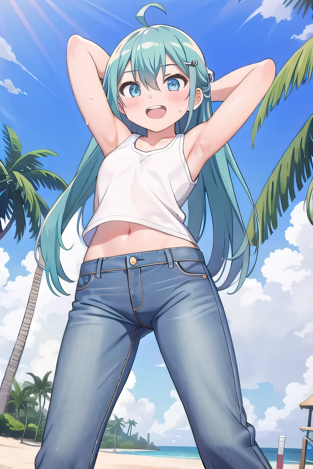 masterpiece,best quality,ultra detail, ((Perfect Face, Perfect Arms, Perfect hands, Perfect Fingers)), 1girl, , petite, ((round face, ecstasy, orgasm face, drooping eyes, shame smiling, blush)), dropping eyes, sleepy, Open mouth, ((White teeth)), background((under the beach, (day:1.2), palm tree, bright sky)), miku hatsune, ahoge, aqua eyes, aqua hair, crossed bangs, hair between eyes, hair ornament, (long hair:1.4), ((arms behind head, hands behind head, fingers behind head)), ((contrapposto)), spread armpits, looking at viewer,, (white tank top:1.2), (white crop top:1.2), (jeans pants:1.2, flares jeans:1.2, skinny jeans:1.2, blue jeans:1.2), standing, (legs spread:1.4), sex pose, Sweaty crotch, Steam from the crotch, from below, whole body