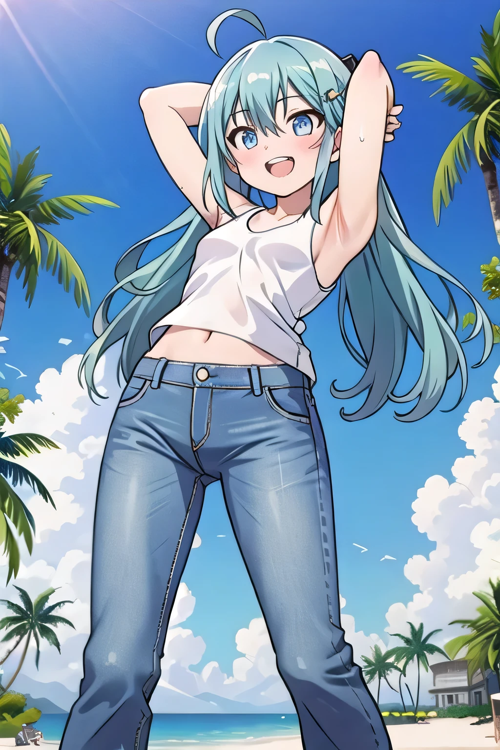 masterpiece,best quality,ultra detail, ((Perfect Face, Perfect Arms, Perfect hands, Perfect Fingers)), 1girl, , peti ((round face, ecstasy, orgasm face, drooping eyes, shame smiling, blush)), dropping eyes, sleepy, Open mouth, ((White teeth)), background((under the beach, (day:1.2), palm tree, bright sky)), miku hatsune, ahoge, aqua eyes, aqua hair, crossed bangs, hair between eyes, hair ornament, (long hair:1.4), ((arms behind head, hands behind head, fingers behind head)), ((contrapposto)), spread armpits, looking at viewer,, (white tank top:1.2), (white crop top:1.2), (jeans pants:1.2, flares jeans:1.2, skinny jeans:1.2, blue jeans:1.2), standing, (legs spread:1.4), sex pose, Sweaty crotch, Steam from the crotch, from below, whole body