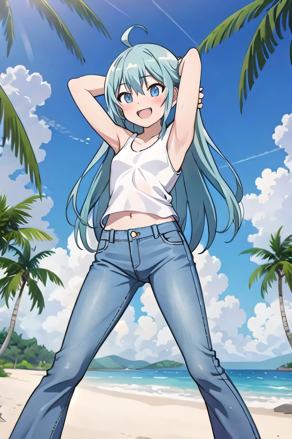 masterpiece,best quality,ultra detail, ((Perfect Face, Perfect Arms, Perfect hands, Perfect Fingers)), 1girl, , peti ((round face, ecstasy, orgasm face, drooping eyes, shame smiling, blush)), dropping eyes, sleepy, Open mouth, ((White teeth)), background((under the beach, (day:1.2), palm tree, bright sky)), miku hatsune, ahoge, aqua eyes, aqua hair, crossed bangs, hair between eyes, hair ornament, (long hair:1.4), ((arms behind head, hands behind head, fingers behind head)), ((contrapposto)), spread armpits, looking at viewer,, (white tank top:1.2), (white crop top:1.2), (jeans pants:1.2, flares jeans:1.2, skinny jeans:1.2, blue jeans:1.2), standing, (legs spread:1.4), sex pose, Sweaty crotch, Steam from the crotch, from below, whole body