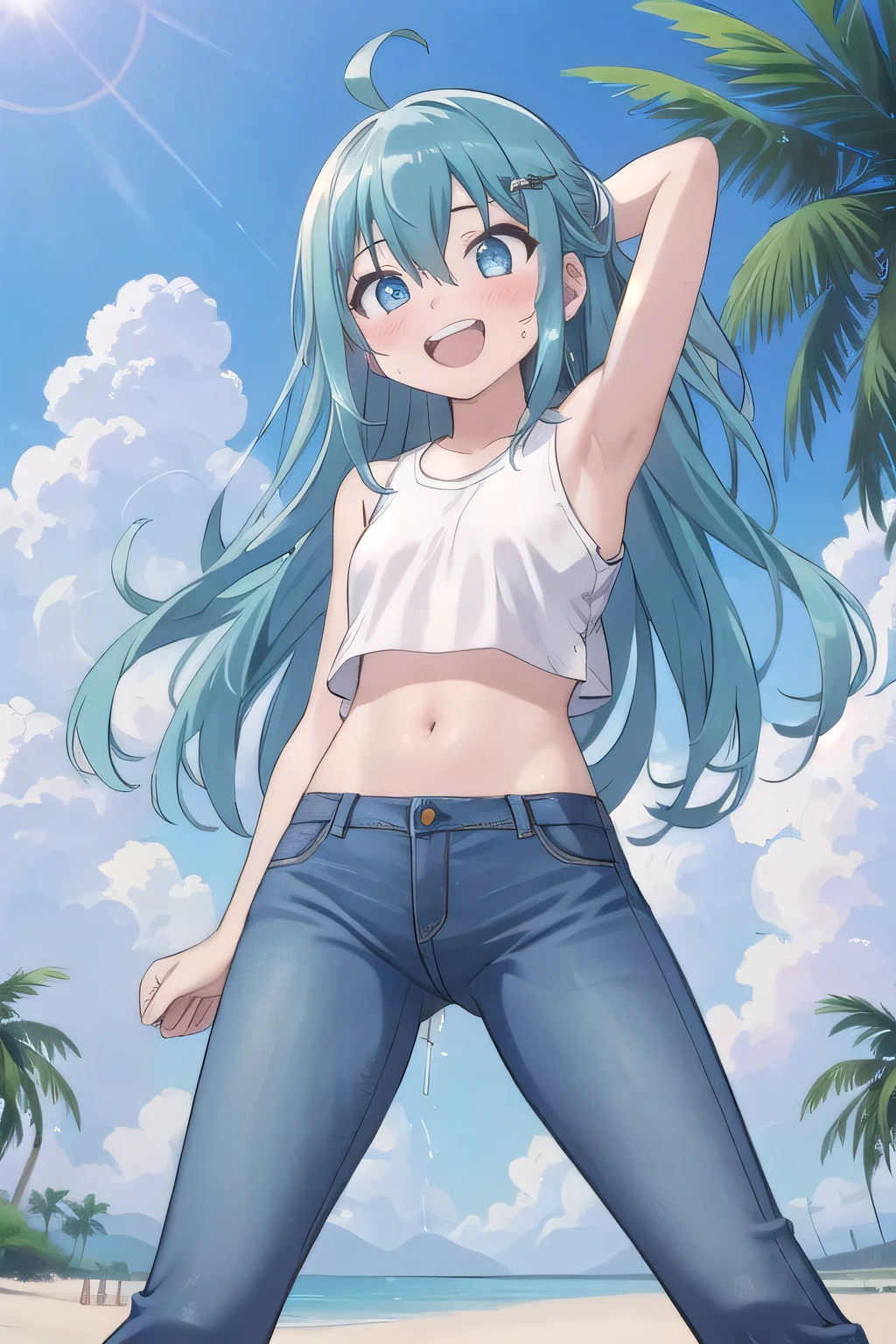 masterpiece,best quality,ultra detail, ((Perfect Face, Perfect Arms, Perfect hands, Perfect Fingers)), 1girl, , peti ((round face, ecstasy, orgasm face, drooping eyes, shame smiling, blush)), dropping eyes, sleepy, Open mouth, ((White teeth)), background((under the beach, (day:1.2), palm tree, bright sky)), miku hatsune, ahoge, aqua eyes, aqua hair, crossed bangs, hair between eyes, hair ornament, (long hair:1.4), ((arms behind head, hands behind head, fingers behind head)), ((contrapposto)), spread armpits, looking at viewer,, (white tank top:1.2), (white crop top:1.2), (jeans pants:1.2, flares jeans:1.2, skinny jeans:1.2, blue jeans:1.2), standing, (legs spread:1.4), sex pose, Sweaty crotch, Steam from the crotch, from below, whole body