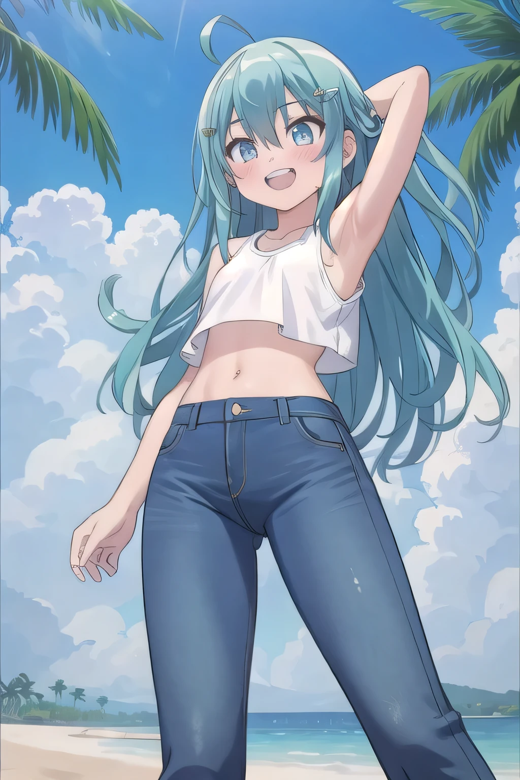 masterpiece,best quality,ultra detail, ((Perfect Face, Perfect Arms, Perfect hands, Perfect Fingers)), 1girl, , peti ((round face, ecstasy, orgasm face, drooping eyes, shame smiling, blush)), dropping eyes, sleepy, Open mouth, ((White teeth)), background((under the beach, (day:1.2), palm tree, bright sky)), miku hatsune, ahoge, aqua eyes, aqua hair, crossed bangs, hair between eyes, hair ornament, (long hair:1.4), ((arms behind head, hands behind head, fingers behind head)), ((contrapposto)), spread armpits, looking at viewer,, (white tank top:1.2), (white crop top:1.2), (jeans pants:1.2, flares jeans:1.2, skinny jeans:1.2, blue jeans:1.2), standing, (legs spread:1.4), sex pose, Sweaty crotch, Steam from the crotch, from below, whole body