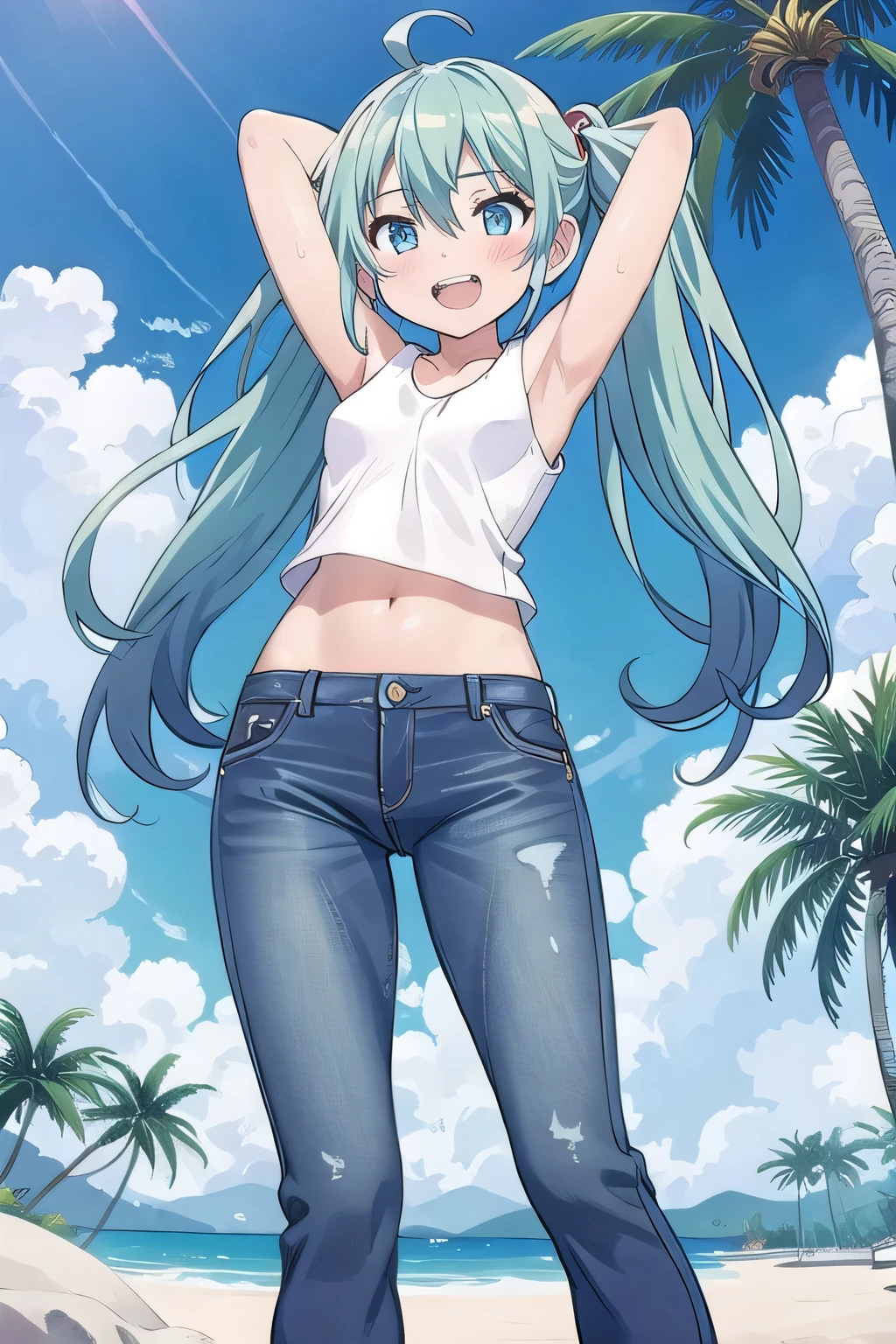 masterpiece,best quality,ultra detail, ((Perfect Face, Perfect Arms, Perfect hands, Perfect Fingers)), 1girl, , peti ((round face, ecstasy, orgasm face, drooping eyes, shame smiling, blush)), dropping eyes, sleepy, Open mouth, ((White teeth)), background((under the beach, (day:1.2), palm tree, bright sky)), miku hatsune, ahoge, aqua eyes, aqua hair, crossed bangs, hair between eyes, hair ornament, (long hair:1.4), ((arms behind head, hands behind head, fingers behind head)), ((contrapposto)), spread armpits, looking at viewer,, (white tank top:1.2), (white crop top:1.2), (jeans pants:1.2, flares jeans:1.2, skinny jeans:1.2, blue jeans:1.2), standing, (legs spread:1.4), sex pose, Sweaty crotch, Steam from the crotch, from below, whole body