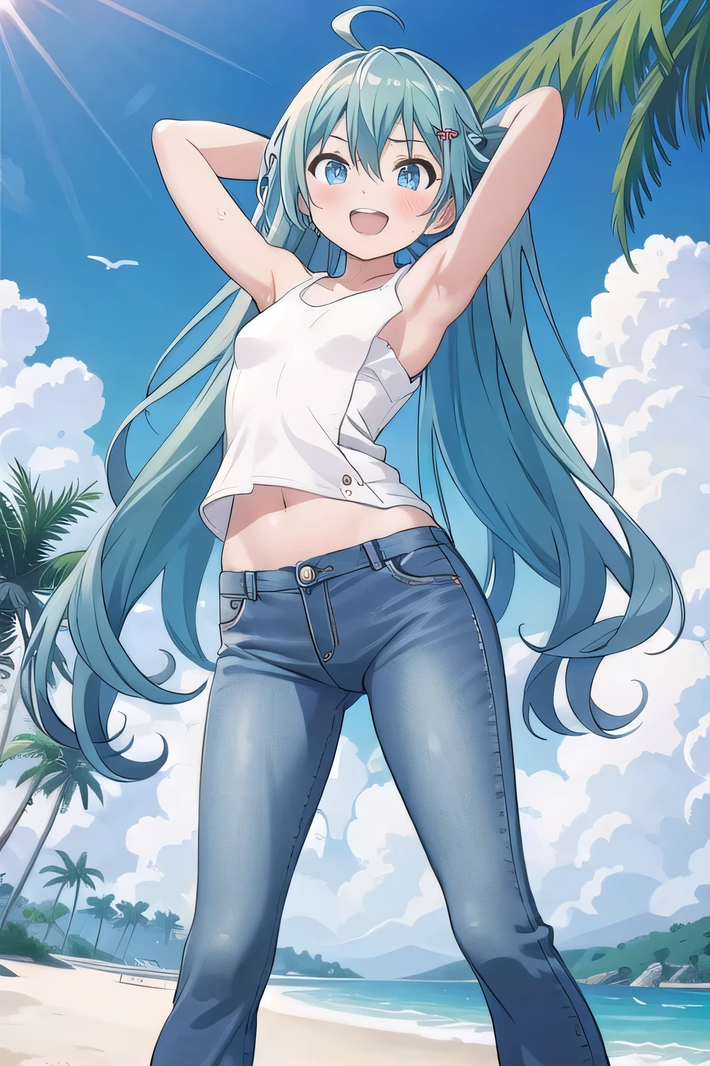 masterpiece,best quality,ultra detail, ((Perfect Face, Perfect Arms, Perfect hands, Perfect Fingers)), 1girl, , peti ((round face, ecstasy, orgasm face, drooping eyes, shame smiling, blush)), dropping eyes, sleepy, Open mouth, ((White teeth)), background((under the beach, (day:1.2), palm tree, bright sky)), miku hatsune, ahoge, aqua eyes, aqua hair, crossed bangs, hair between eyes, hair ornament, (long hair:1.4), ((arms behind head, hands behind head, fingers behind head)), ((contrapposto)), spread armpits, looking at viewer,, (white tank top:1.2), (white crop top:1.2), (jeans pants:1.2, flares jeans:1.2, skinny jeans:1.2, blue jeans:1.2), standing, (legs spread:1.4), sex pose, Sweaty crotch, Steam from the crotch, from below, whole body