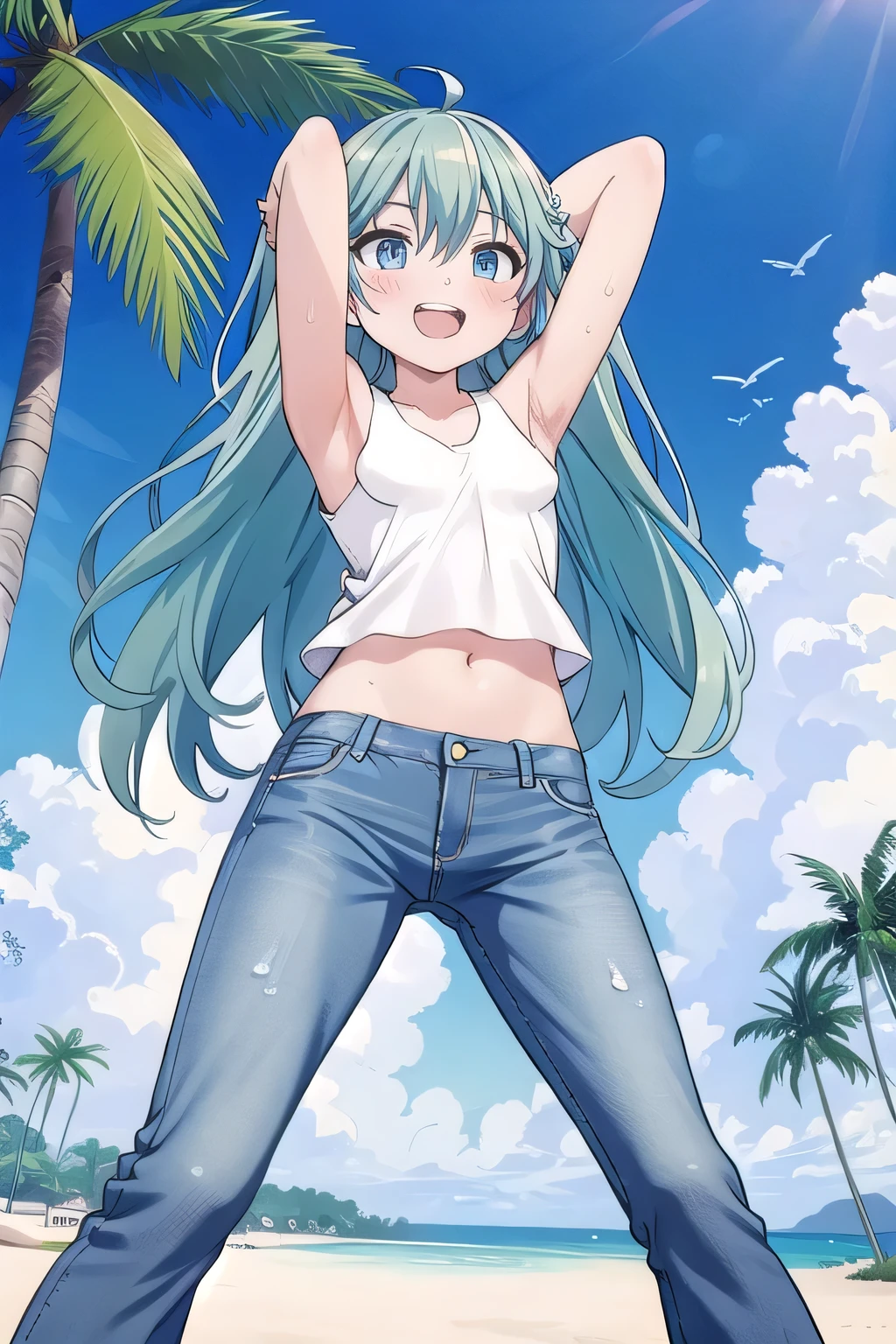 masterpiece,best quality,ultra detail, ((Perfect Face, Perfect Arms, Perfect hands, Perfect Fingers)), 1girl, , peti ((round face, ecstasy, orgasm face, drooping eyes, shame smiling, blush)), dropping eyes, sleepy, Open mouth, ((White teeth)), background((under the beach, (day:1.2), palm tree, bright sky)), miku hatsune, ahoge, aqua eyes, aqua hair, crossed bangs, hair between eyes, hair ornament, (long hair:1.4), ((arms behind head, hands behind head, fingers behind head)), ((contrapposto)), spread armpits, looking at viewer,, (white tank top:1.2), (white crop top:1.2), (jeans pants:1.2, flares jeans:1.2, skinny jeans:1.2, blue jeans:1.2), standing, (legs spread:1.4), sex pose, Sweaty crotch, Steam from the crotch, from below, whole body