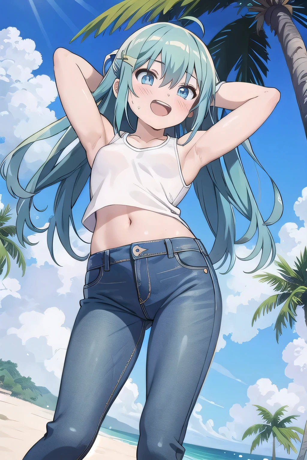 masterpiece,best quality,ultra detail, ((Perfect Face, Perfect Arms, Perfect hands, Perfect Fingers)), 1girl, , peti ((round face, ecstasy, orgasm face, drooping eyes, shame smiling, blush)), dropping eyes, sleepy, Open mouth, ((White teeth)), background((under the beach, (day:1.2), palm tree, bright sky)), miku hatsune, ahoge, aqua eyes, aqua hair, crossed bangs, hair between eyes, hair ornament, (long hair:1.4), ((arms behind head, hands behind head, fingers behind head)), ((contrapposto)), spread armpits, looking at viewer,, (white tank top:1.2), (white crop top:1.2), (jeans pants:1.2, flares jeans:1.2, skinny jeans:1.2, blue jeans:1.2), standing, (legs spread:1.4), sex pose, Sweaty crotch, Steam from the crotch, from below, whole body