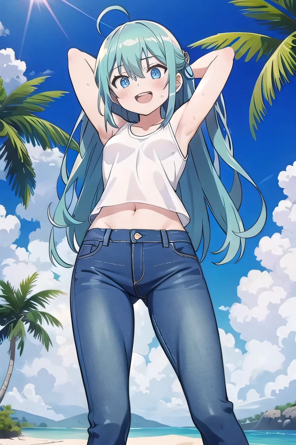 masterpiece,best quality,ultra detail, ((Perfect Face, Perfect Arms, Perfect hands, Perfect Fingers)), 1girl, , peti ((round face, ecstasy, orgasm face, drooping eyes, shame smiling, blush)), dropping eyes, sleepy, Open mouth, ((White teeth)), background((under the beach, (day:1.2), palm tree, bright sky)), miku hatsune, ahoge, aqua eyes, aqua hair, crossed bangs, hair between eyes, hair ornament, (long hair:1.4), ((arms behind head, hands behind head, fingers behind head)), ((contrapposto)), spread armpits, looking at viewer,, (white tank top:1.2), (white crop top:1.2), (jeans pants:1.2, flares jeans:1.2, skinny jeans:1.2, blue jeans:1.2), standing, (legs spread:1.4), sex pose, Sweaty crotch, Steam from the crotch, from below, whole body