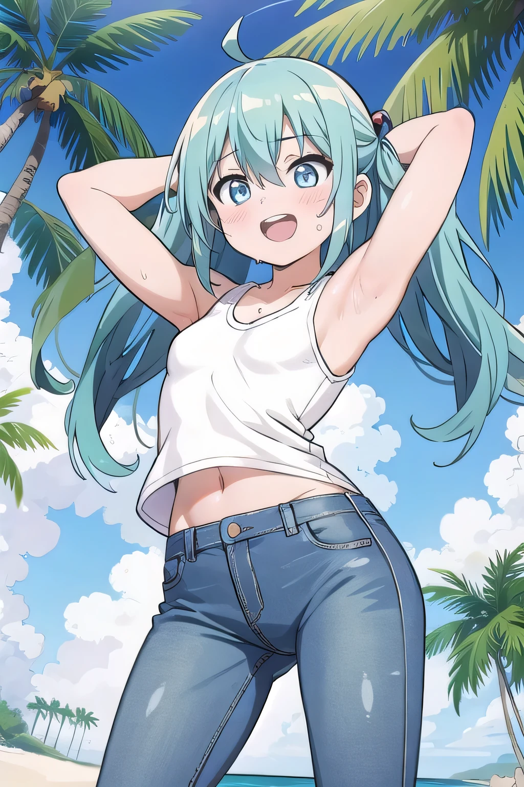 masterpiece,best quality,ultra detail, ((Perfect Face, Perfect Arms, Perfect hands, Perfect Fingers)), 1girl, , peti ((round face, ecstasy, orgasm face, drooping eyes, shame smiling, blush)), dropping eyes, sleepy, Open mouth, ((White teeth)), background((under the beach, (day:1.2), palm tree, bright sky)), miku hatsune, ahoge, aqua eyes, aqua hair, crossed bangs, hair between eyes, hair ornament, (long hair:1.4), ((arms behind head, hands behind head, fingers behind head)), ((contrapposto)), spread armpits, looking at viewer,, (white tank top:1.2), (white crop top:1.2), (jeans pants:1.2, flares jeans:1.2, skinny jeans:1.2, blue jeans:1.2), standing, (legs spread:1.4), sex pose, Sweaty crotch, Steam from the crotch, from below, whole body