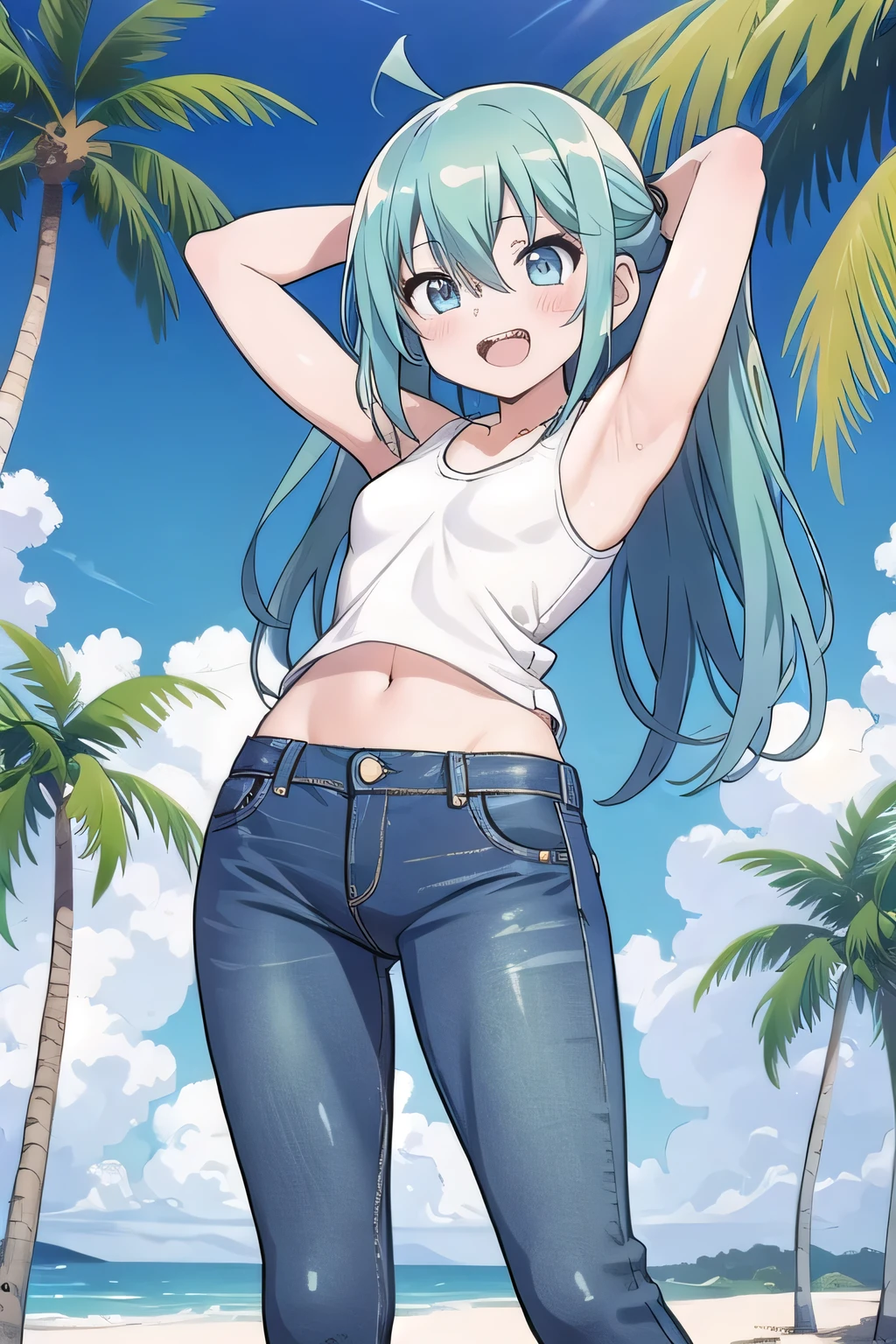 masterpiece,best quality,ultra detail, ((Perfect Face, Perfect Arms, Perfect hands, Perfect Fingers)), 1girl, , peti ((round face, ecstasy, orgasm face, drooping eyes, shame smiling, blush)), dropping eyes, sleepy, Open mouth, ((White teeth)), background((under the beach, (day:1.2), palm tree, bright sky)), miku hatsune, ahoge, aqua eyes, aqua hair, crossed bangs, hair between eyes, hair ornament, (long hair:1.4), ((arms behind head, hands behind head, fingers behind head)), ((contrapposto)), spread armpits, looking at viewer,, (white tank top:1.2), (white crop top:1.2), (jeans pants:1.2, flares jeans:1.2, skinny jeans:1.2, blue jeans:1.2), standing, (legs spread:1.4), sex pose, Sweaty crotch, Steam from the crotch, from below, whole body