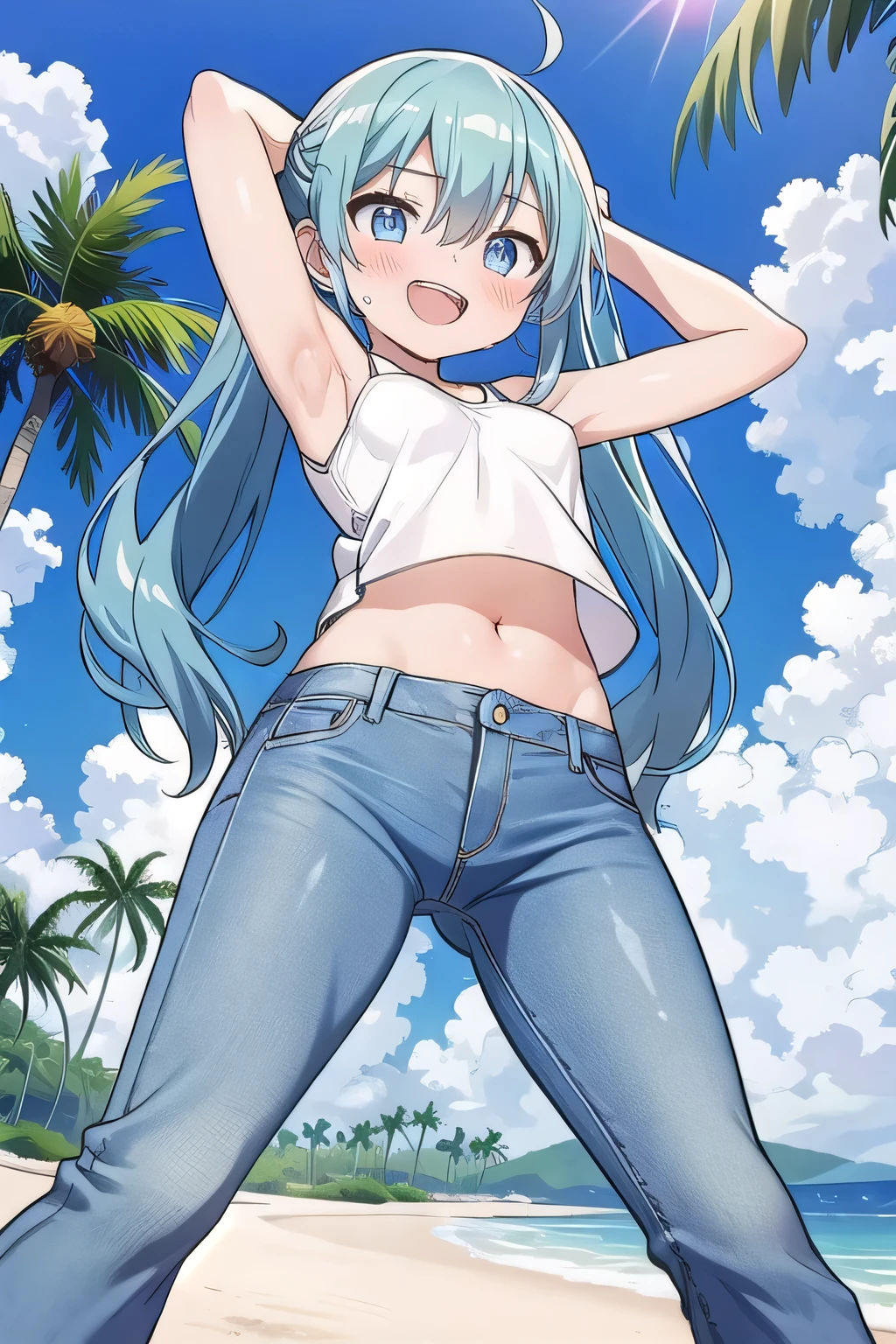 masterpiece,best quality,ultra detail, ((Perfect Face, Perfect Arms, Perfect hands, Perfect Fingers)), 1girl, , peti ((round face, ecstasy, orgasm face, drooping eyes, shame smiling, blush)), dropping eyes, sleepy, Open mouth, ((White teeth)), background((under the beach, (day:1.2), palm tree, bright sky)), miku hatsune, ahoge, aqua eyes, aqua hair, crossed bangs, hair between eyes, hair ornament, (long hair:1.4), ((arms behind head, hands behind head, fingers behind head)), ((contrapposto)), spread armpits, looking at viewer,, (white tank top:1.2), (white crop top:1.2), (jeans pants:1.2, flares jeans:1.2, skinny jeans:1.2, blue jeans:1.2), standing, (legs spread:1.4), sex pose, Sweaty crotch, Steam from the crotch, from below, whole body