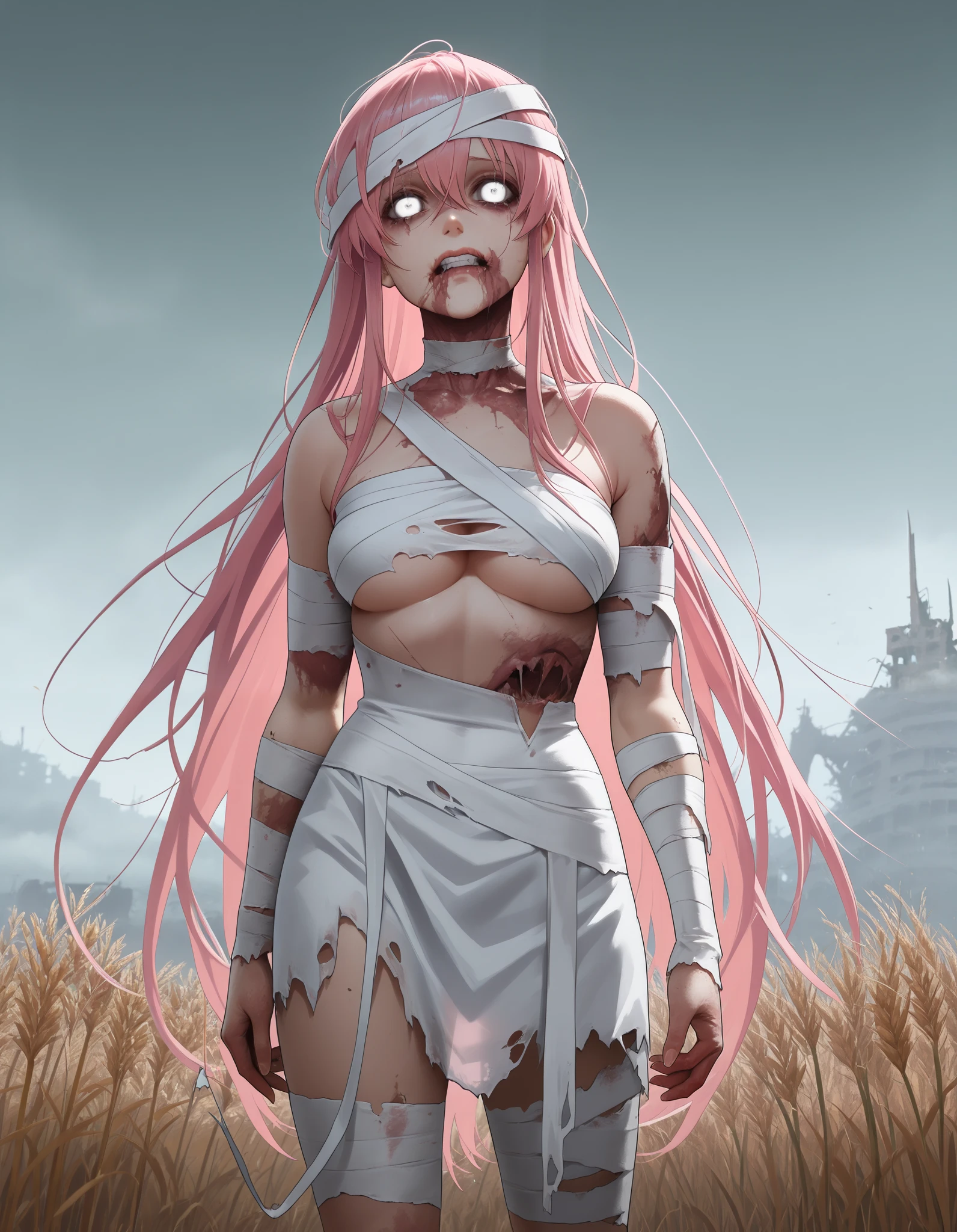 masterpiece, newest, absurdres, safe, score_9, score_8_up, score_7_up, score_6_up, score_5_up, score_4_up, ((masterpiece:1.1)), ((best quality)), ((highres:1.1)), pink hair, stunning zombie woman, ((decay flesh)), (decayed flesh), ((open wounds)), ((rotting flesh)), rotting, undead, mist, fog, ripped clothing, wheat field, high wheat, post-apocalyptic, desolate, ((torn clothes)), underboob, cartoon, anime, bandages, arm bandages, nippon animation, very long hair, exposed bone, breasts, white eyes,