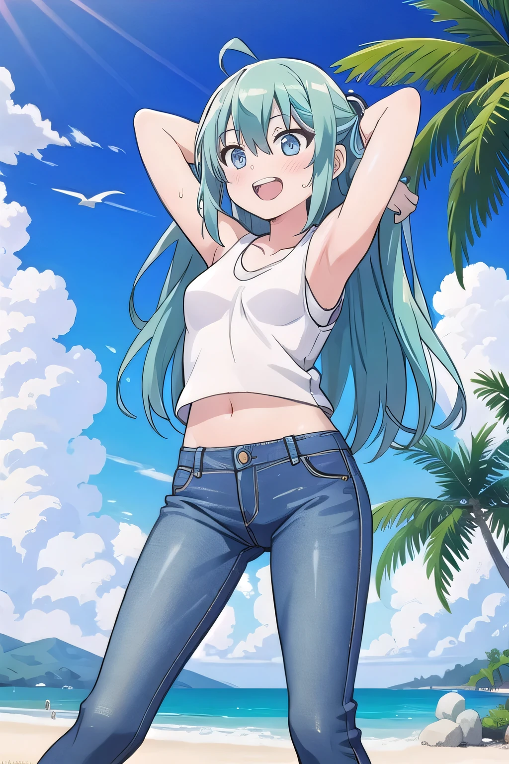 masterpiece,best quality,ultra detail, ((Perfect Face, Perfect Arms, Perfect hands, Perfect Fingers)), 1girl, , peti ((round face, ecstasy, orgasm face, drooping eyes, shame smiling, blush)), dropping eyes, sleepy, Open mouth, ((White teeth)), background((under the beach, (day:1.2), palm tree, bright sky)), miku hatsune, ahoge, aqua eyes, aqua hair, crossed bangs, hair between eyes, hair ornament, (long hair:1.4), ((arms behind head, hands behind head, fingers behind head)), ((contrapposto)), spread armpits, looking at viewer,, (white tank top:1.2), (white crop top:1.2), (jeans pants:1.2, flares jeans:1.2, skinny jeans:1.2, blue jeans:1.2), standing, (legs spread:1.4), sex pose, Sweaty crotch, Steam from the crotch, from below, whole body