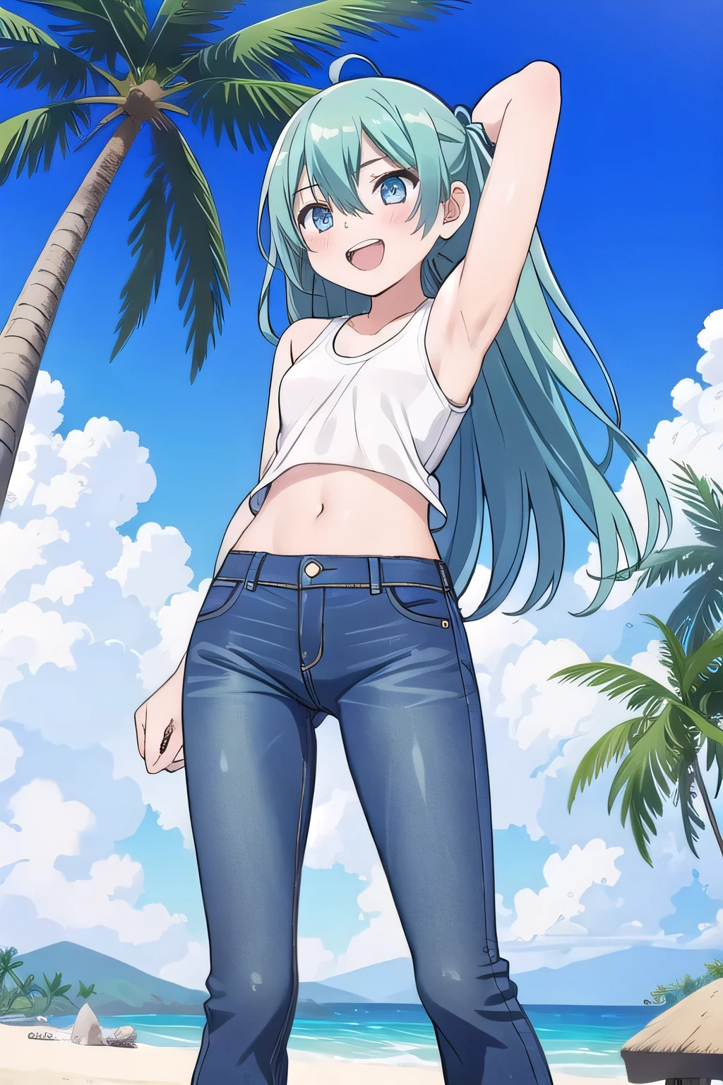 masterpiece,best quality,ultra detail, ((Perfect Face, Perfect Arms, Perfect hands, Perfect Fingers)), 1girl, , peti ((round face, ecstasy, orgasm face, drooping eyes, shame smiling, blush)), dropping eyes, sleepy, Open mouth, ((White teeth)), background((under the beach, (day:1.2), palm tree, bright sky)), miku hatsune, ahoge, aqua eyes, aqua hair, crossed bangs, hair between eyes, hair ornament, (long hair:1.4), ((arms behind head, hands behind head, fingers behind head)), ((contrapposto)), spread armpits, looking at viewer,, (white tank top:1.2), (white crop top:1.2), (jeans pants:1.2, flares jeans:1.2, skinny jeans:1.2, blue jeans:1.2), standing, (legs spread:1.4), sex pose, Sweaty crotch, Steam from the crotch, from below, whole body